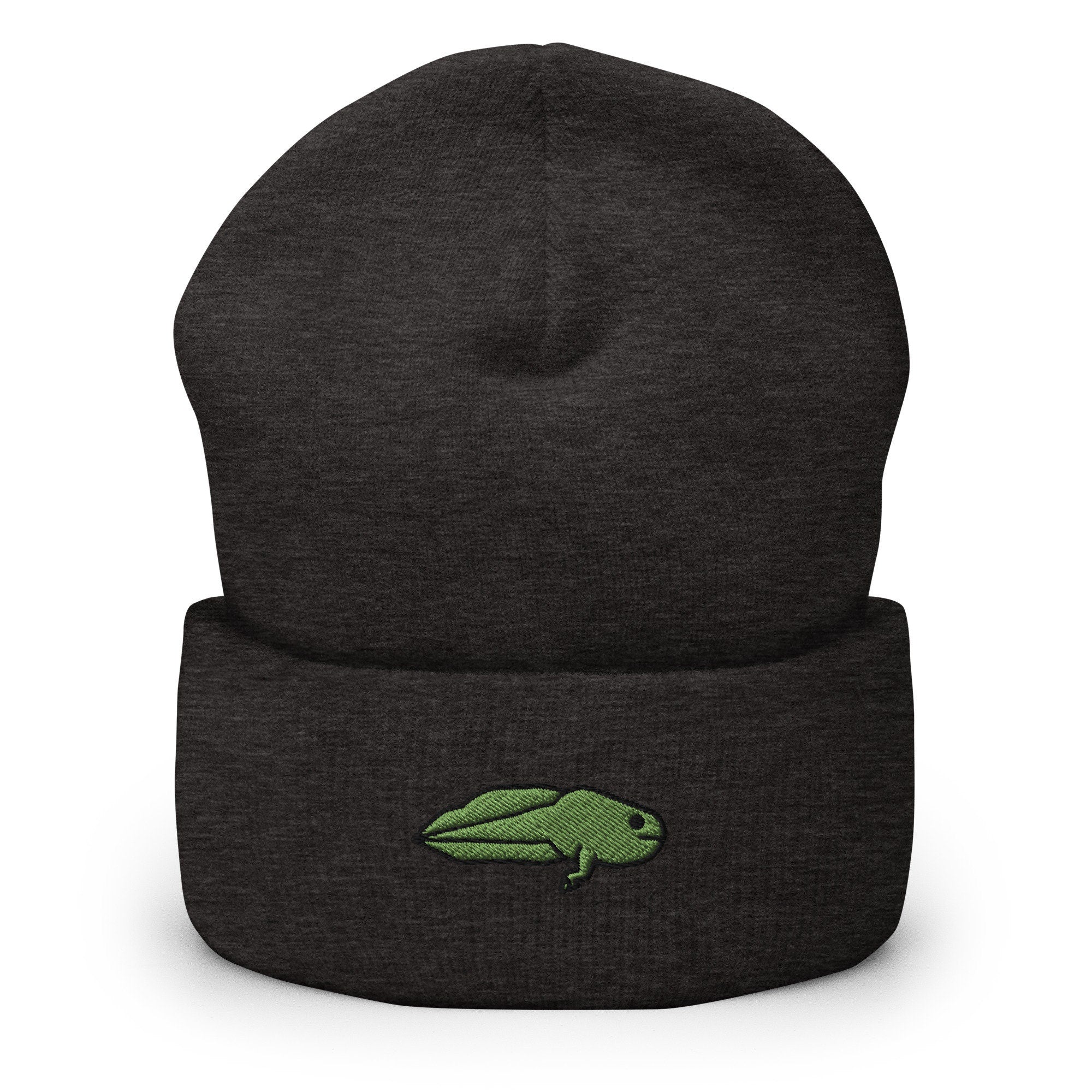 Legged Tadpole Embroidered Beanie, Handmade Cuffed Knit Unisex Slouchy Adult Winter Hat Cap Gift