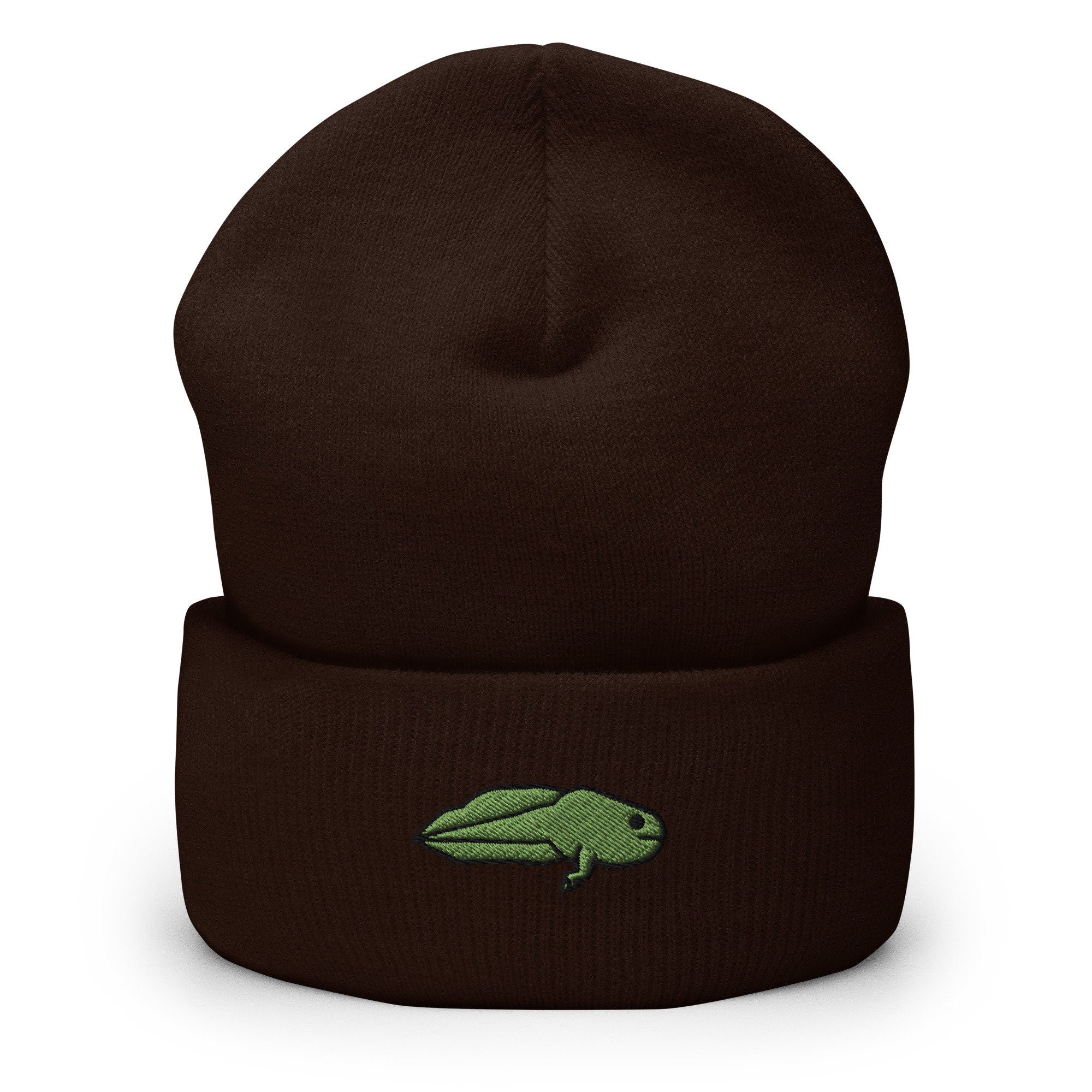 Legged Tadpole Embroidered Beanie, Handmade Cuffed Knit Unisex Slouchy Adult Winter Hat Cap Gift
