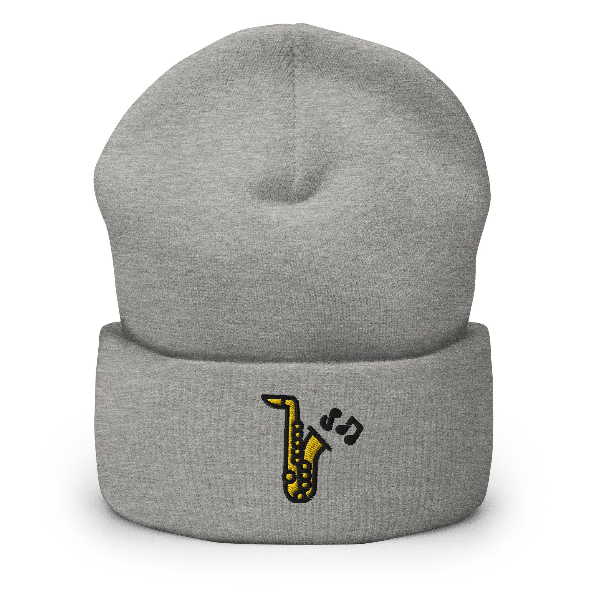 Jazz Saxophone Embroidered Beanie, Handmade Cuffed Knit Unisex Slouchy Adult Winter Hat Cap Gift