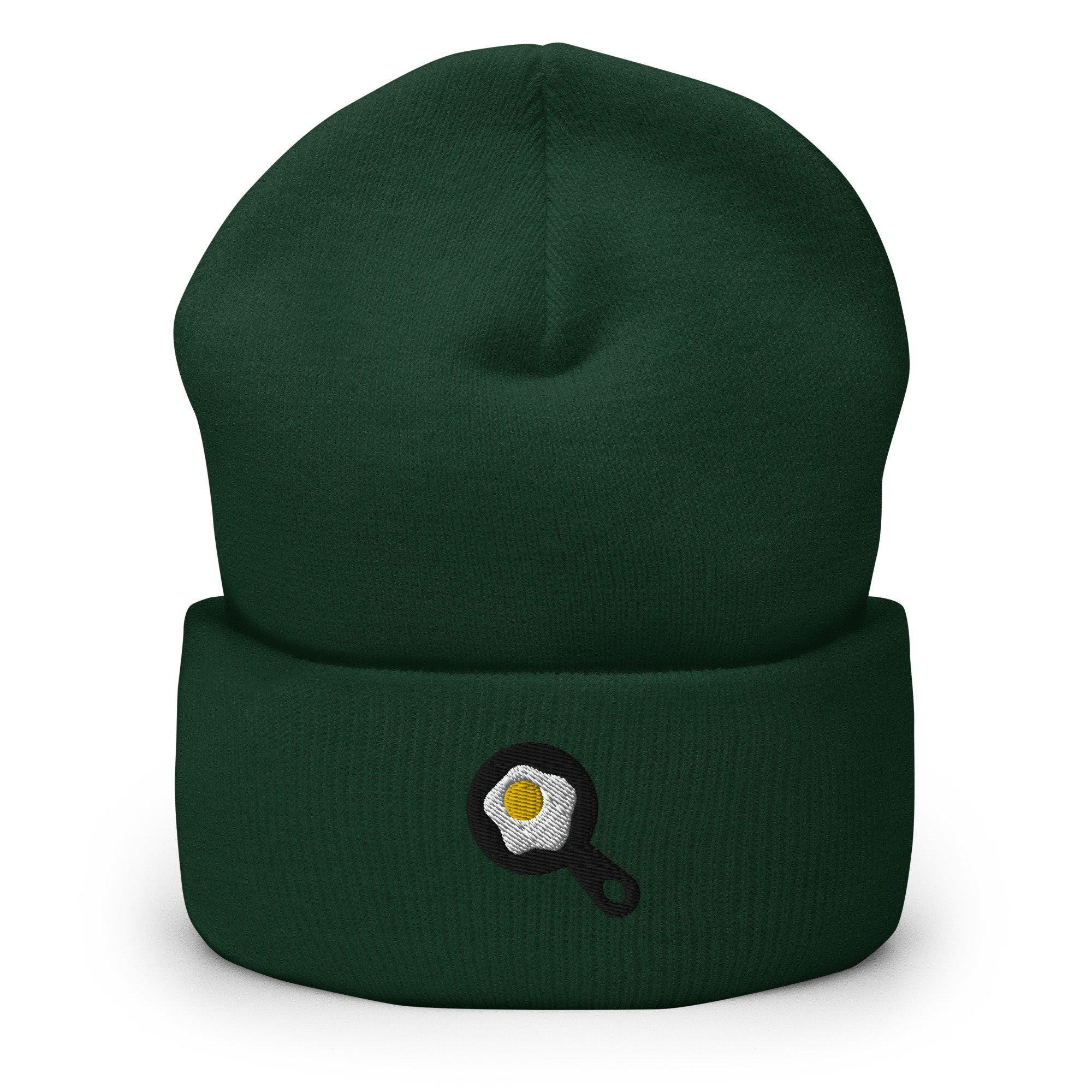 Breakfast Fried Egg Skillet Embroidered Beanie, Handmade Cuffed Knit Unisex Slouchy Adult Winter Hat Cap Gift