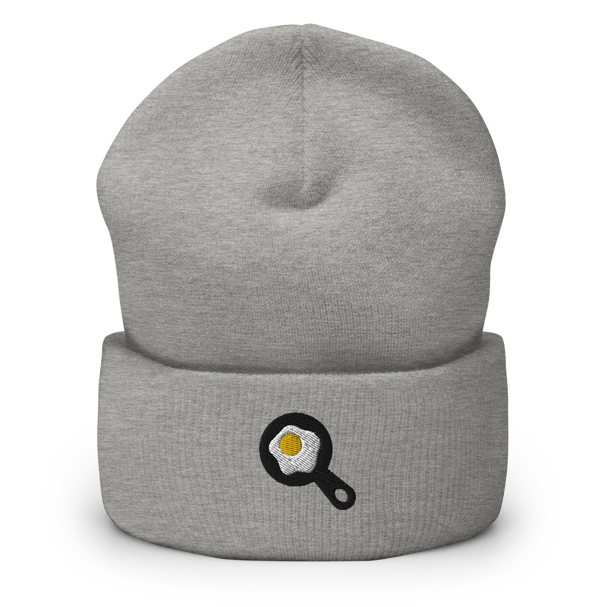 Breakfast Fried Egg Skillet Embroidered Beanie, Handmade Cuffed Knit Unisex Slouchy Adult Winter Hat Cap Gift