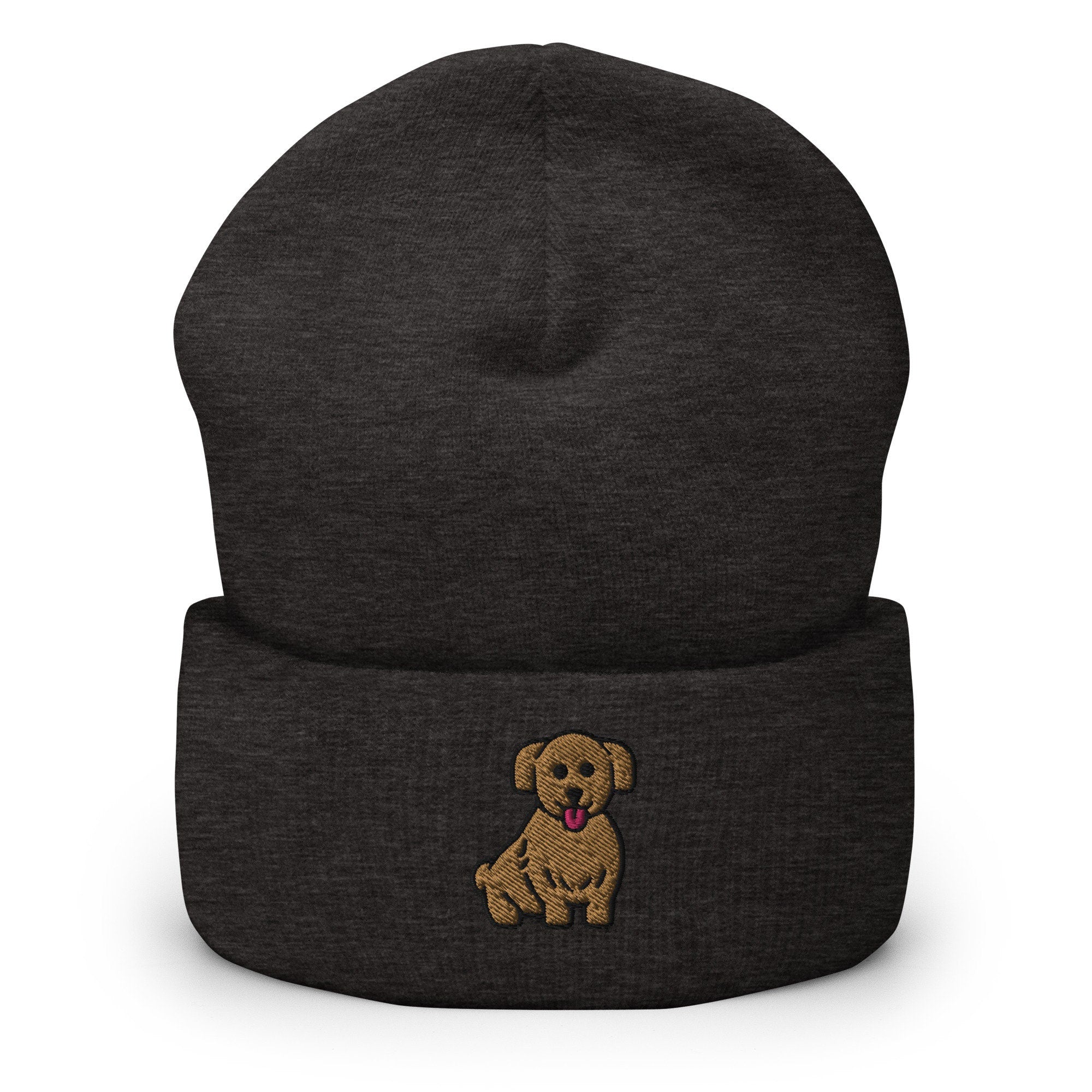 Cute Brown Dog Puppy Embroidered Beanie, Handmade Cuffed Knit Unisex Slouchy Adult Winter Hat Cap Gift