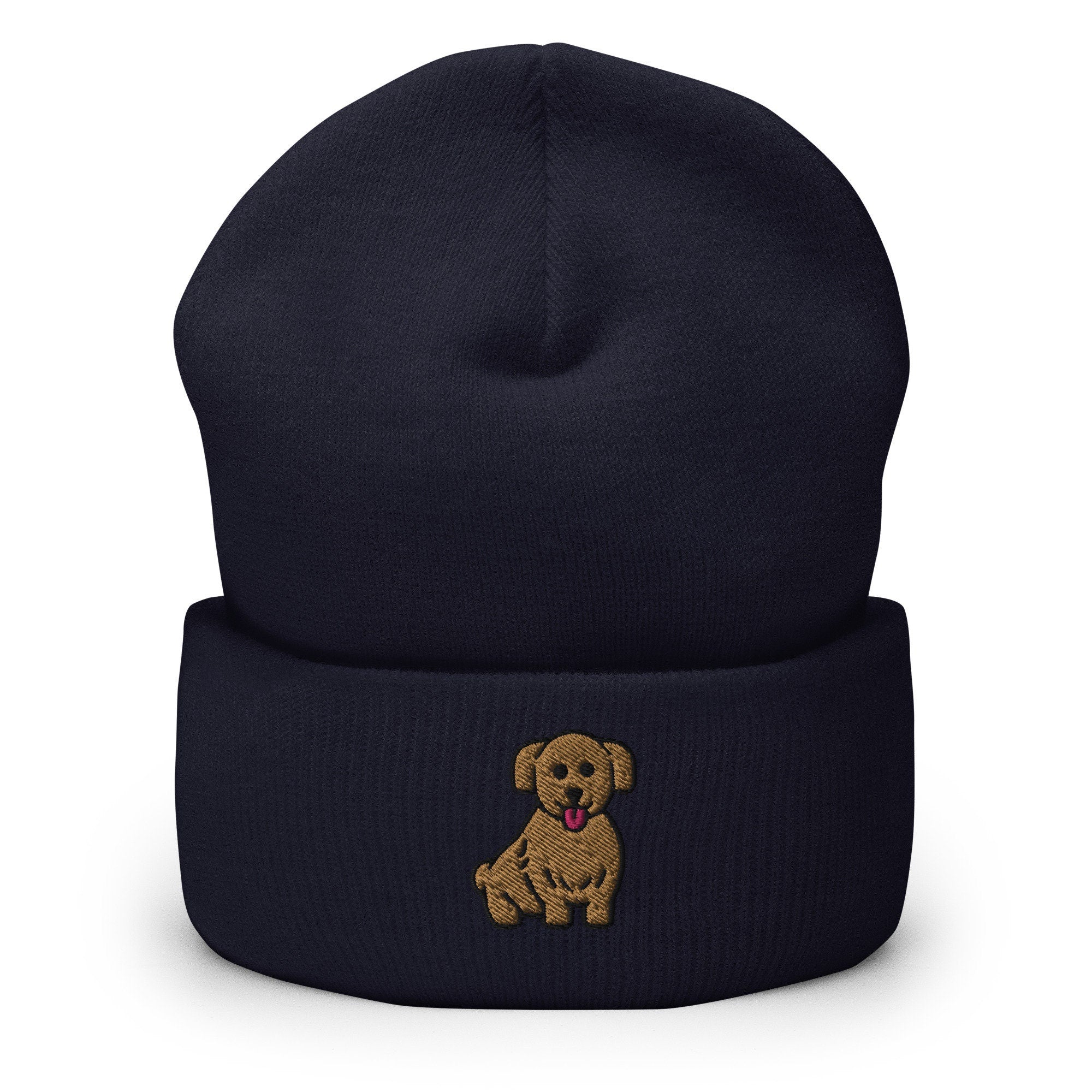Cute Brown Dog Puppy Embroidered Beanie, Handmade Cuffed Knit Unisex Slouchy Adult Winter Hat Cap Gift