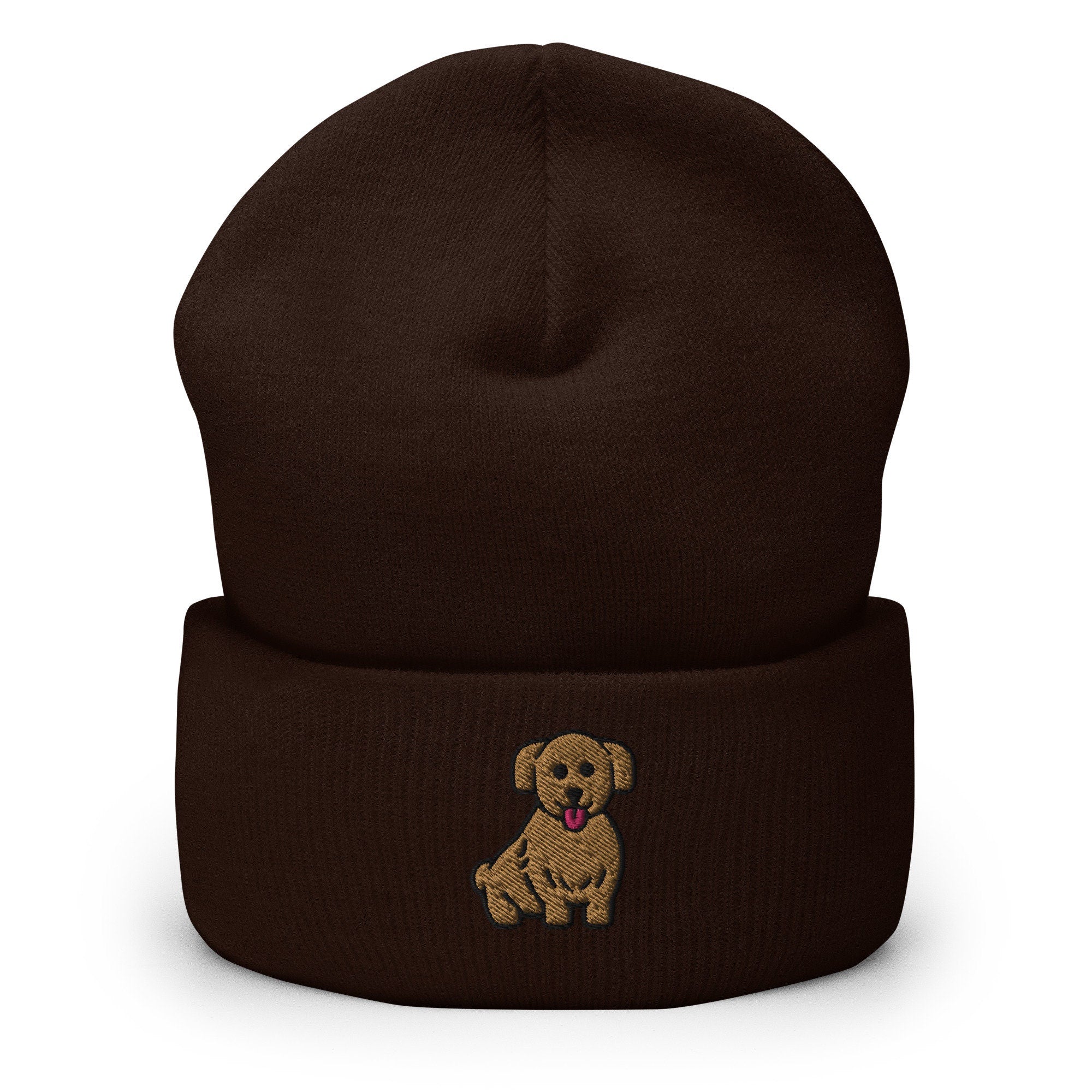 Cute Brown Dog Puppy Embroidered Beanie, Handmade Cuffed Knit Unisex Slouchy Adult Winter Hat Cap Gift