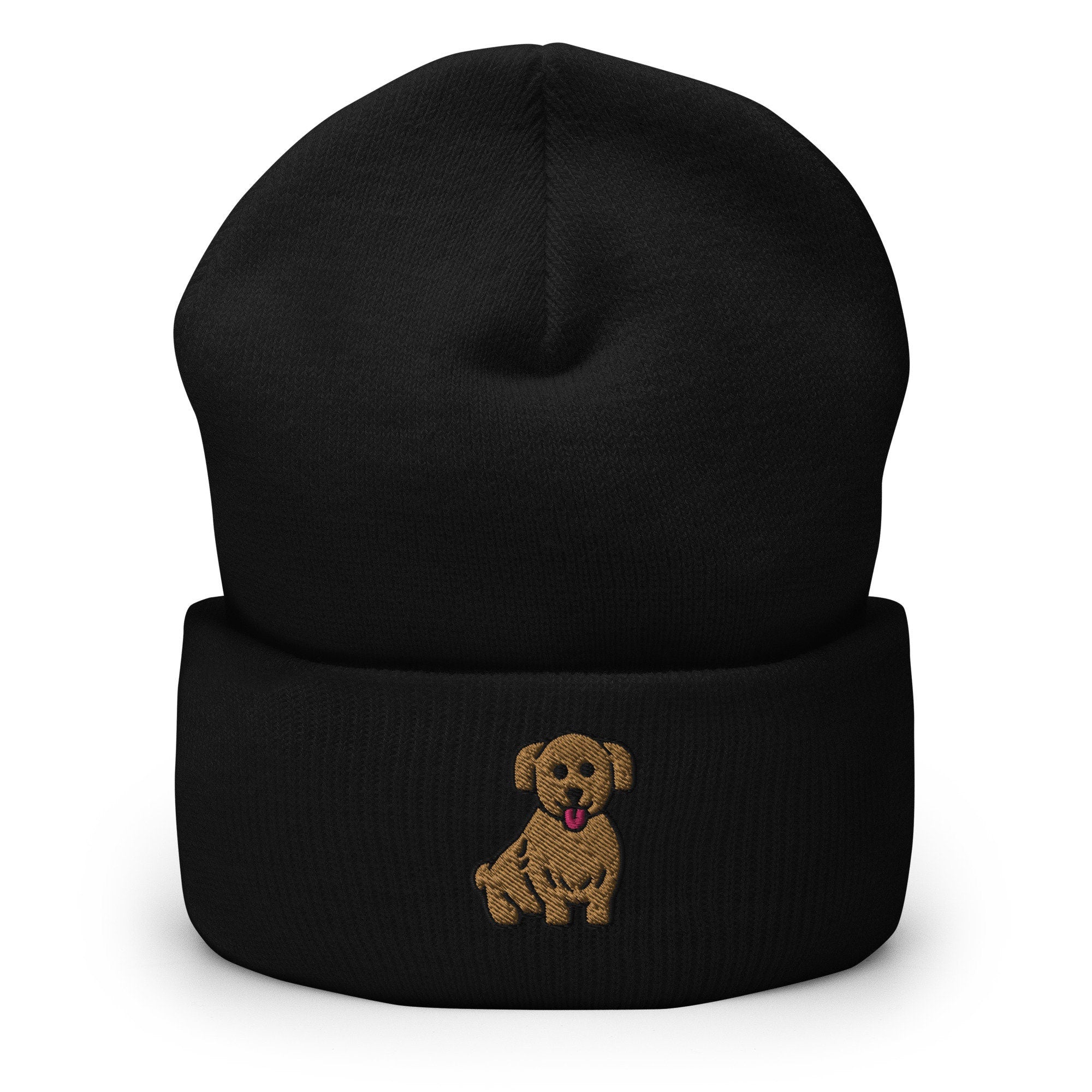 Cute Brown Dog Puppy Embroidered Beanie, Handmade Cuffed Knit Unisex Slouchy Adult Winter Hat Cap Gift