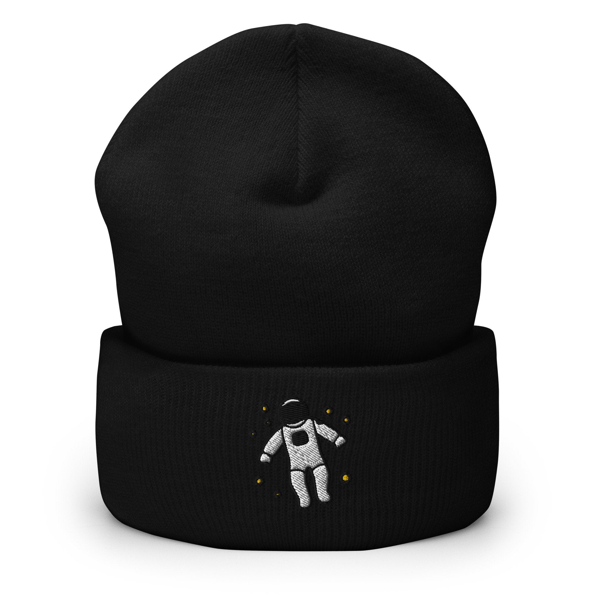 Floating Astronaut Embroidered Beanie, Handmade Cuffed Knit Unisex Slouchy Adult Winter Hat Cap Gift