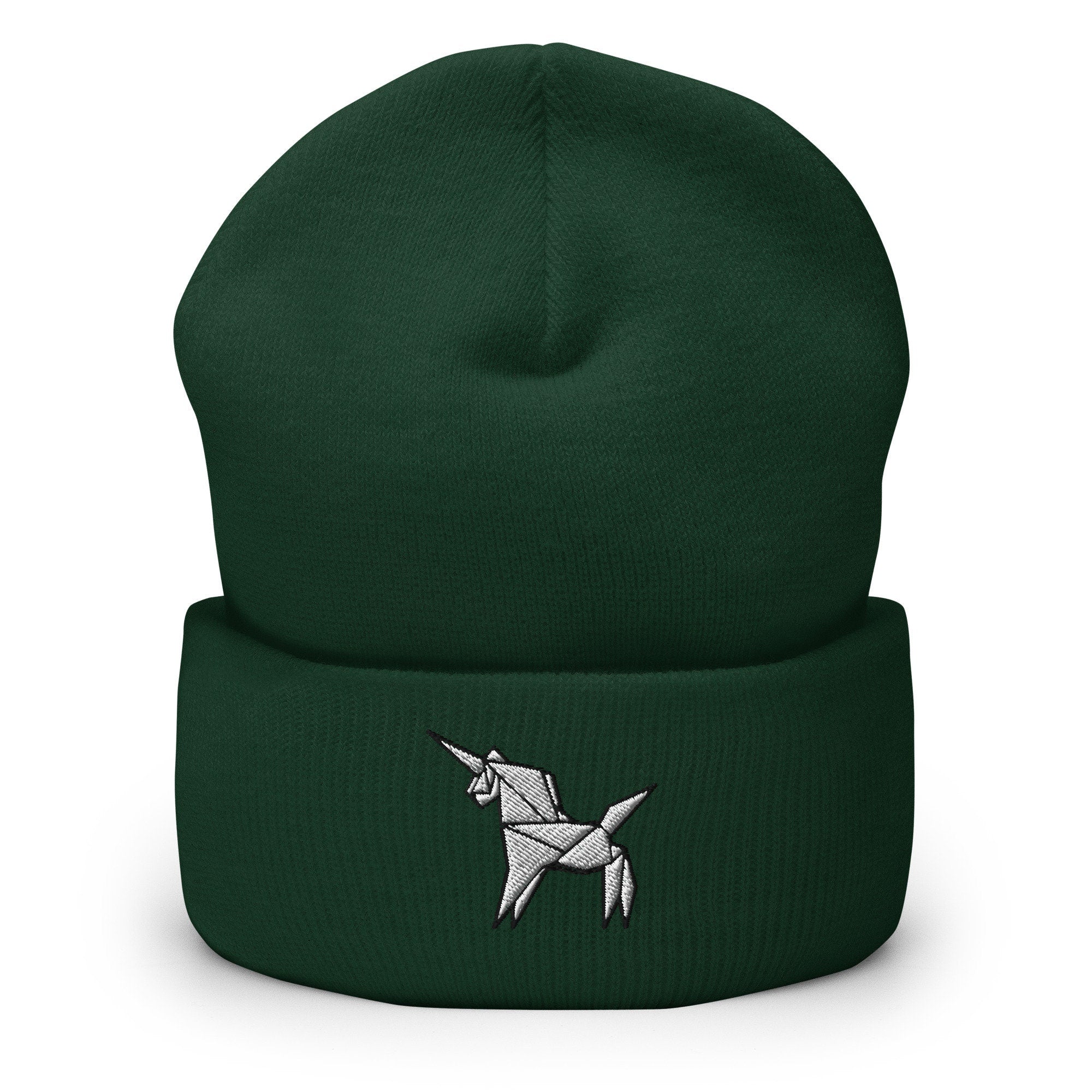 Origami Unicorn Embroidered Beanie, Handmade Cuffed Knit Unisex Slouchy Adult Winter Hat Cap Gift