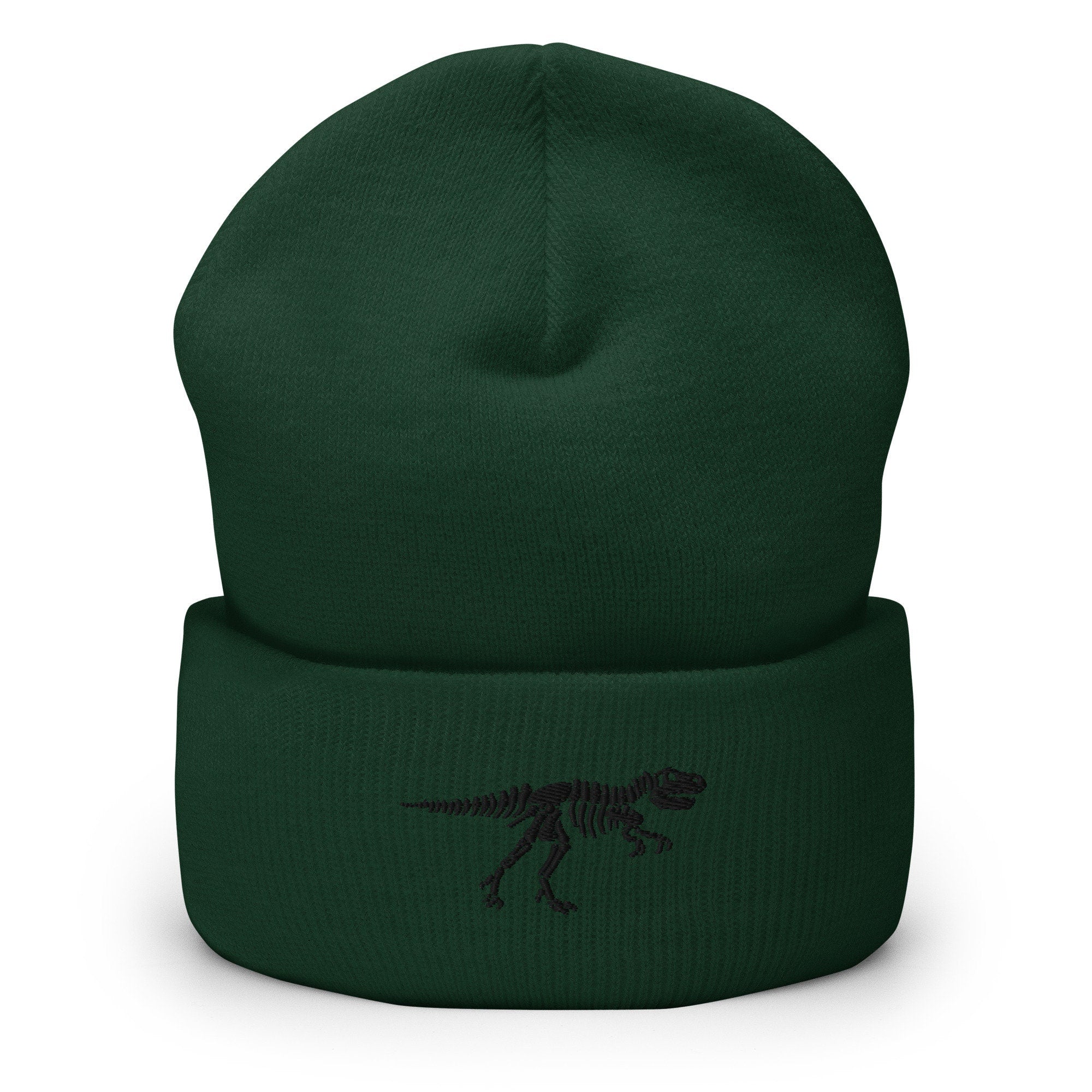 T-Rex Tyrannosaurus Skeleton Embroidered Beanie, Handmade Cuffed Knit Unisex Slouchy Adult Winter Hat Cap Gift