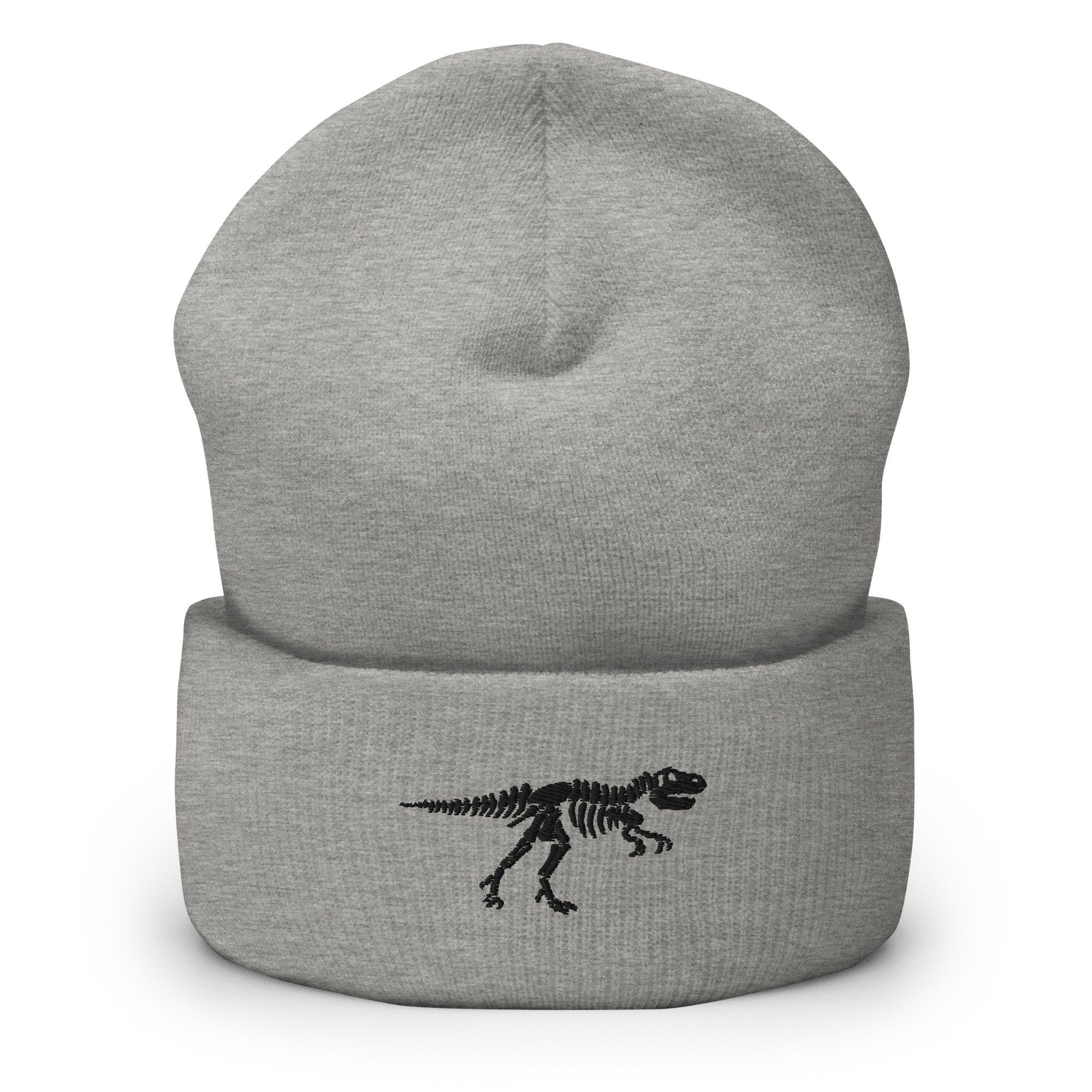 T-Rex Tyrannosaurus Skeleton Embroidered Beanie, Handmade Cuffed Knit Unisex Slouchy Adult Winter Hat Cap Gift