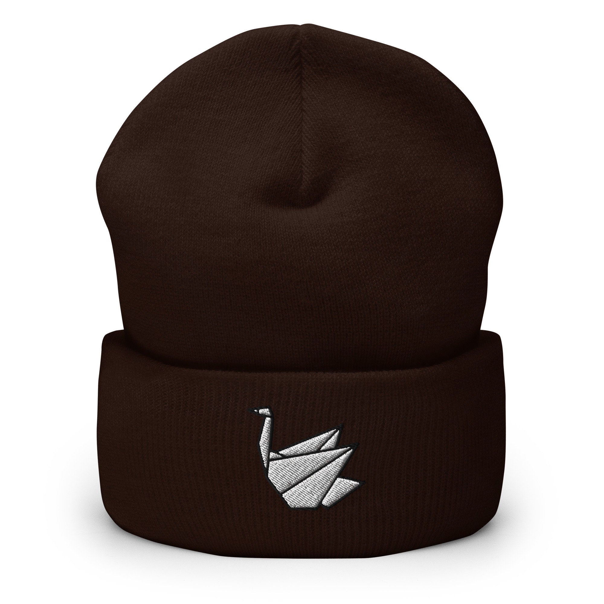 Paper Swan Embroidered Beanie, Handmade Cuffed Knit Unisex Slouchy Adult Winter Hat Cap Gift