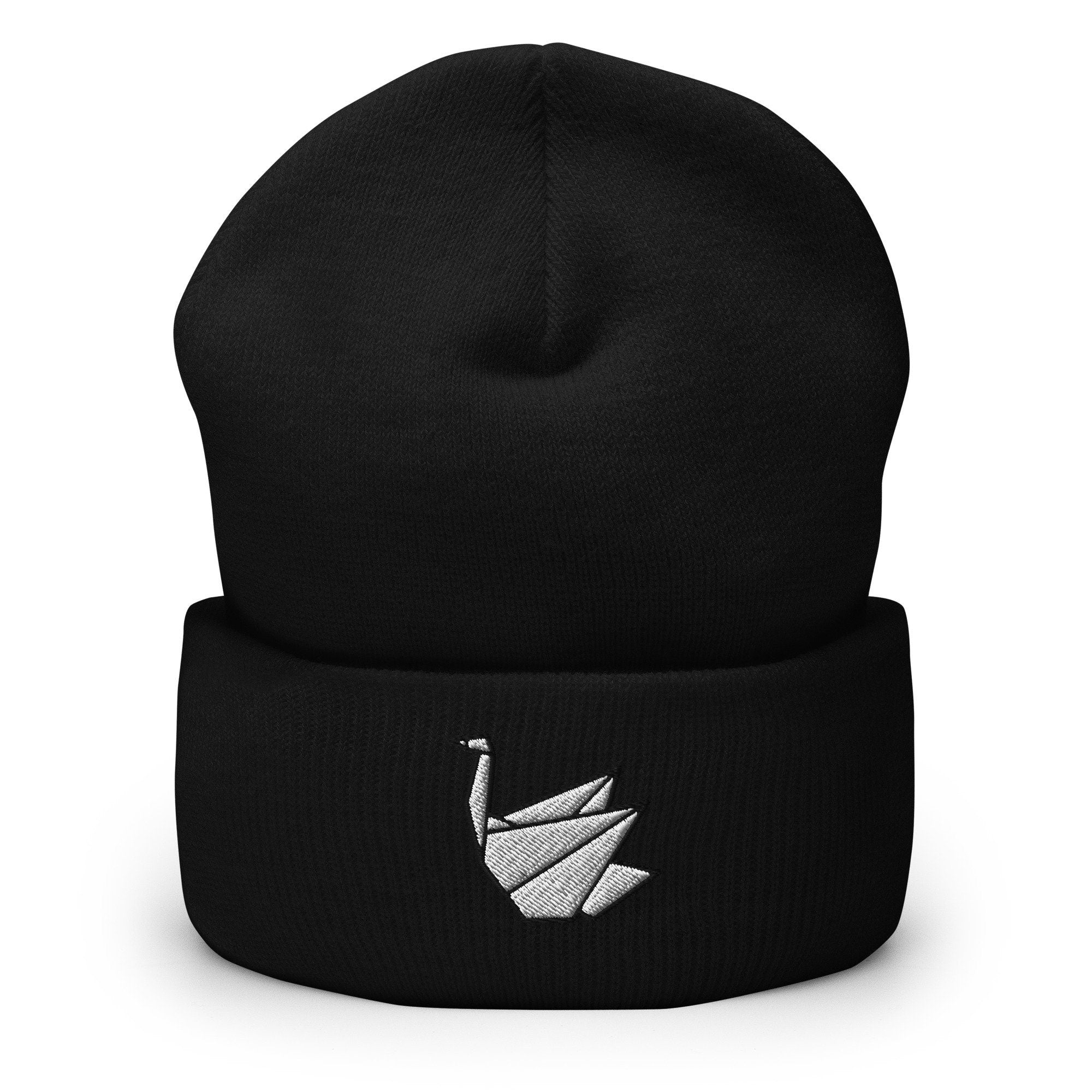 Paper Swan Embroidered Beanie, Handmade Cuffed Knit Unisex Slouchy Adult Winter Hat Cap Gift