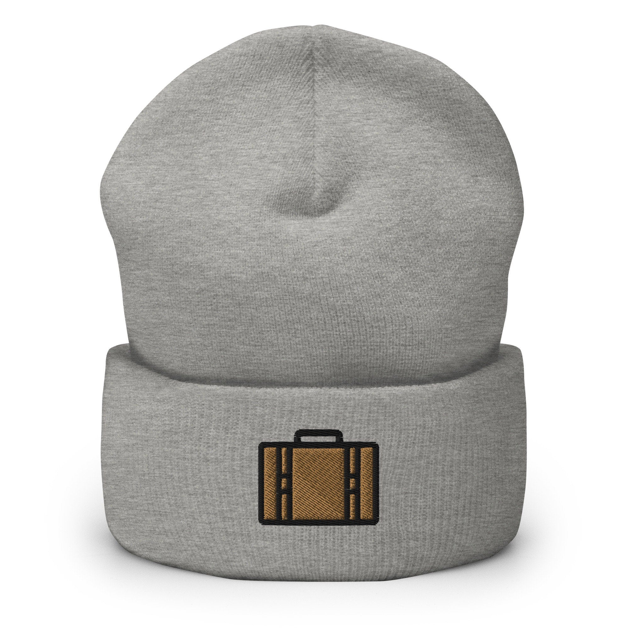 Suitcase Briefcase Embroidered Beanie, Handmade Cuffed Knit Unisex Slouchy Adult Winter Hat Cap Gift