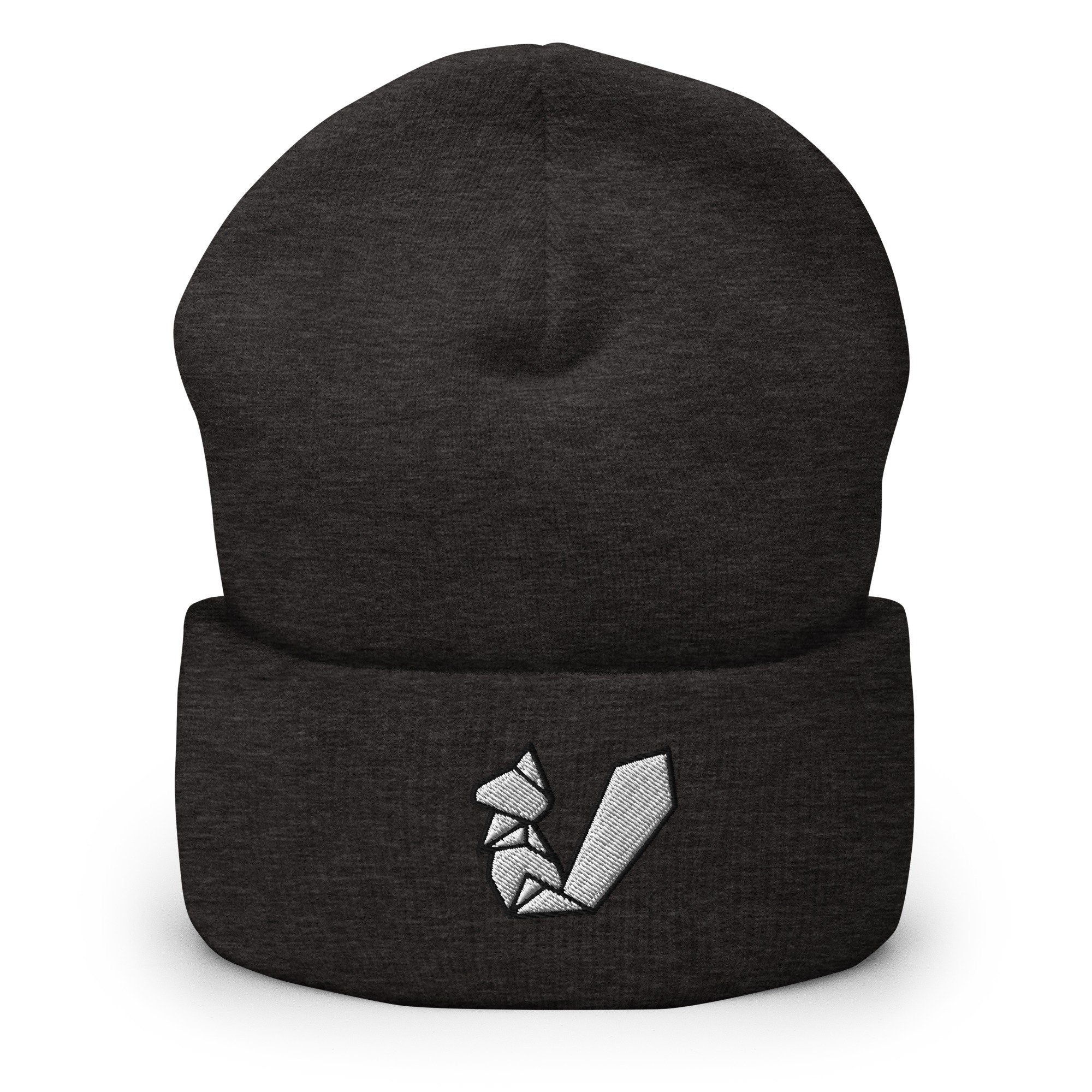 Origami Squirrel Embroidered Beanie, Handmade Cuffed Knit Unisex Slouchy Adult Winter Hat Cap Gift