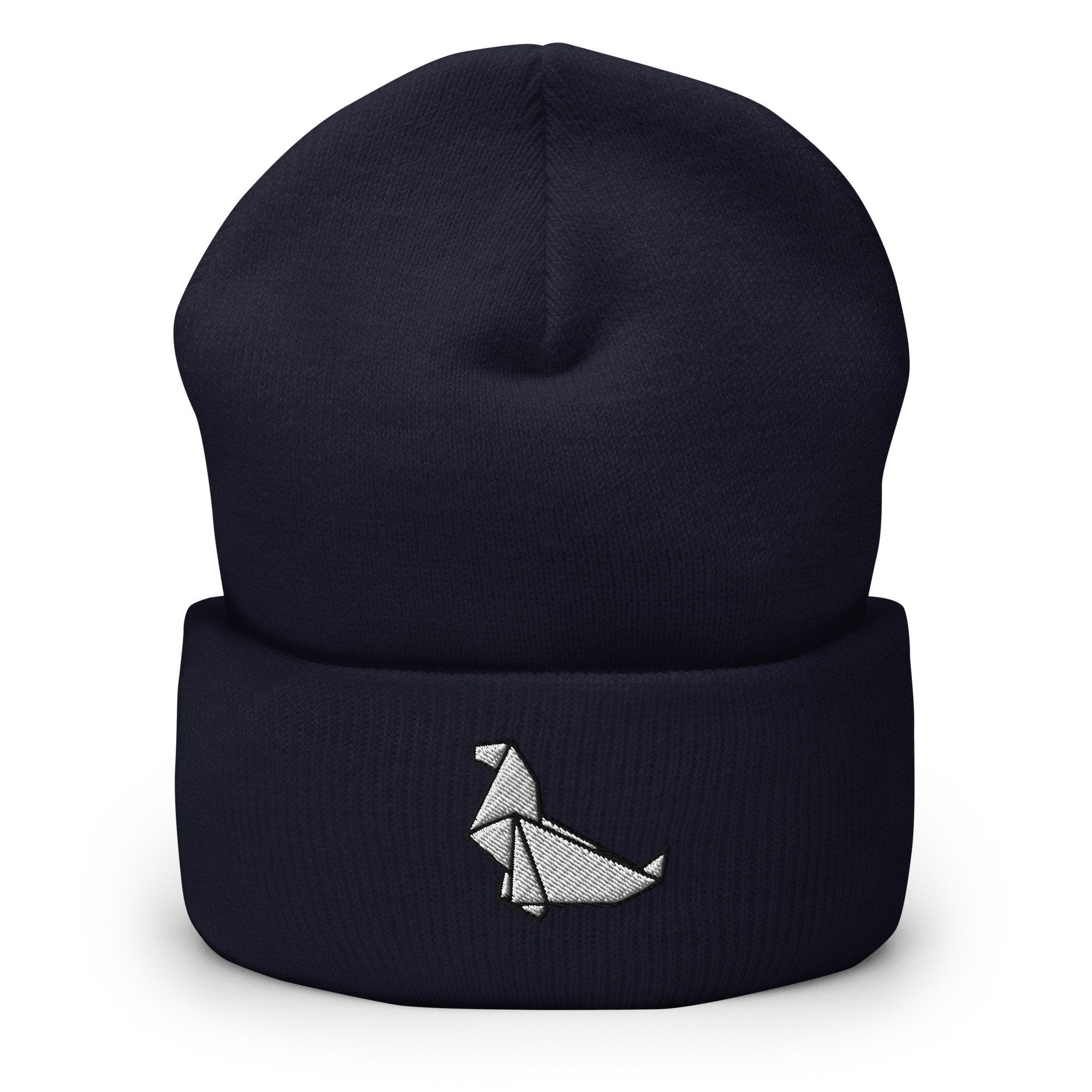 Origami Seal Embroidered Beanie, Handmade Cuffed Knit Unisex Slouchy Adult Winter Hat Cap Gift