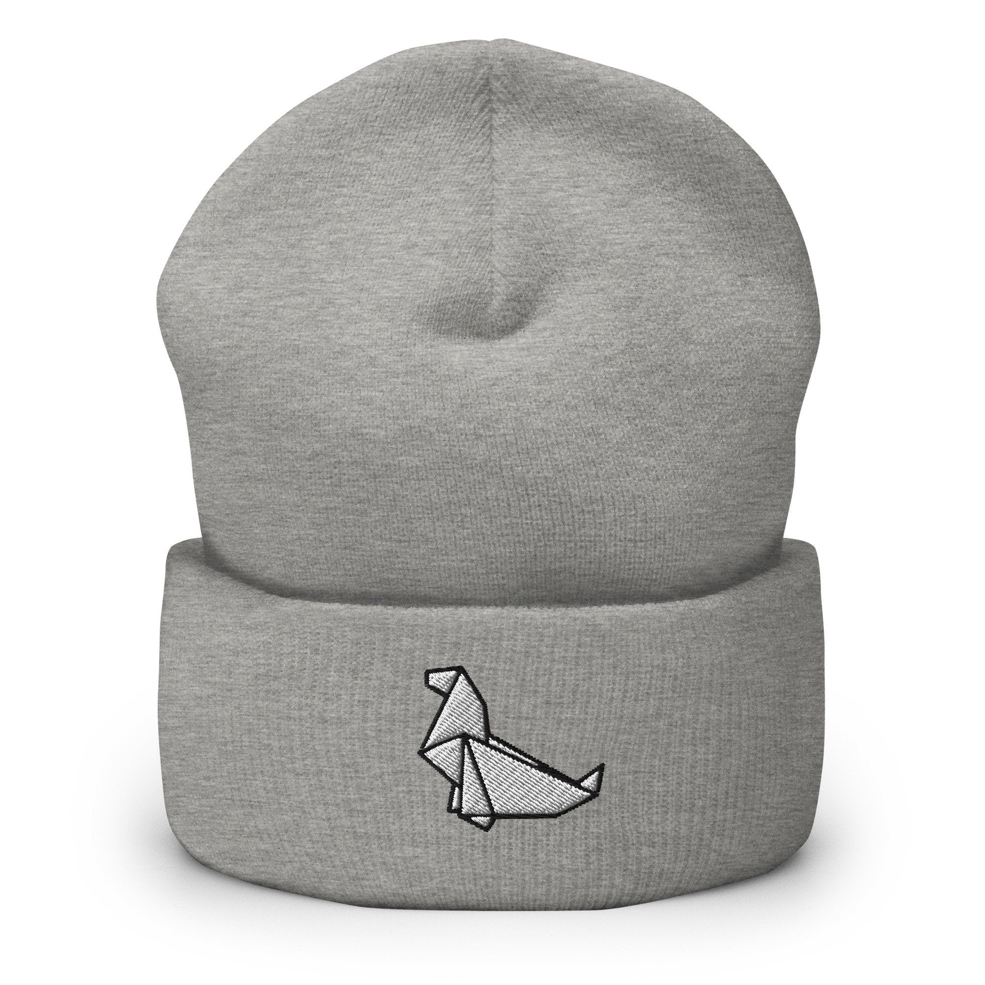 Origami Seal Embroidered Beanie, Handmade Cuffed Knit Unisex Slouchy Adult Winter Hat Cap Gift