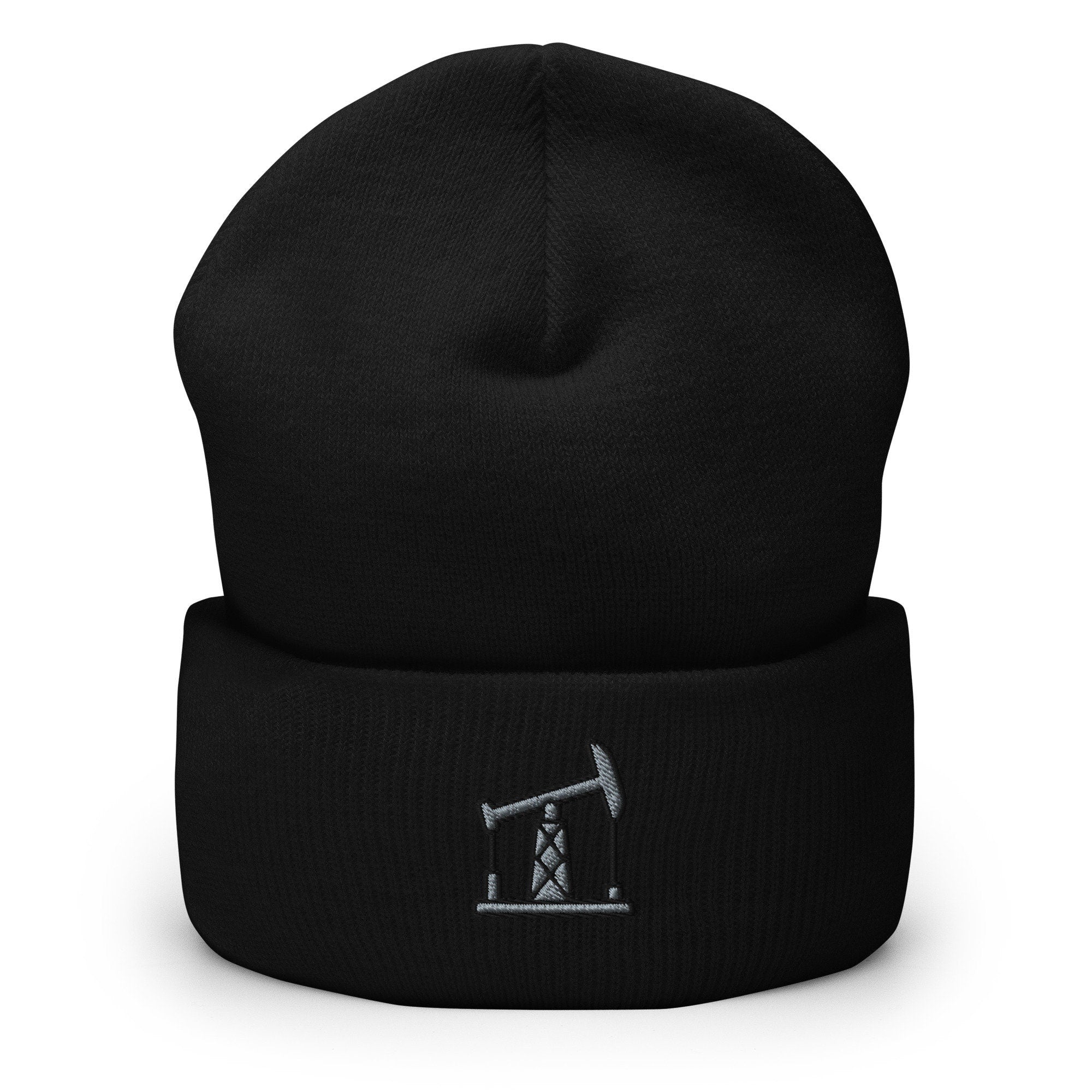 Grasshopper Oil Pumpjack Embroidered Beanie, Handmade Cuffed Knit Unisex Slouchy Adult Winter Hat Cap Gift