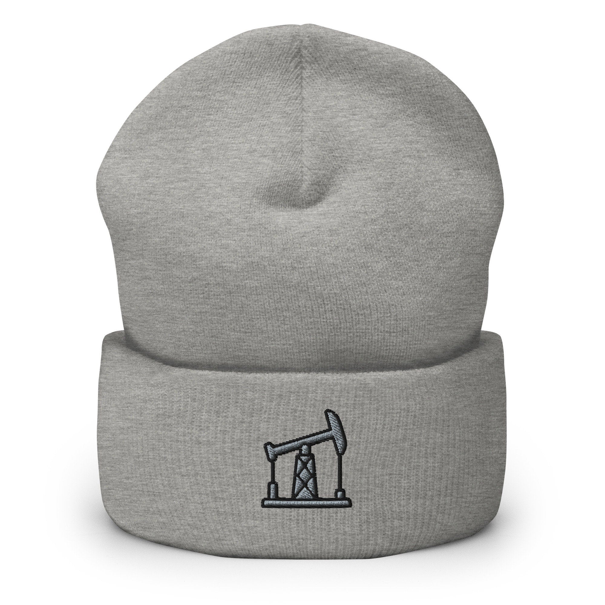 Grasshopper Oil Pumpjack Embroidered Beanie, Handmade Cuffed Knit Unisex Slouchy Adult Winter Hat Cap Gift