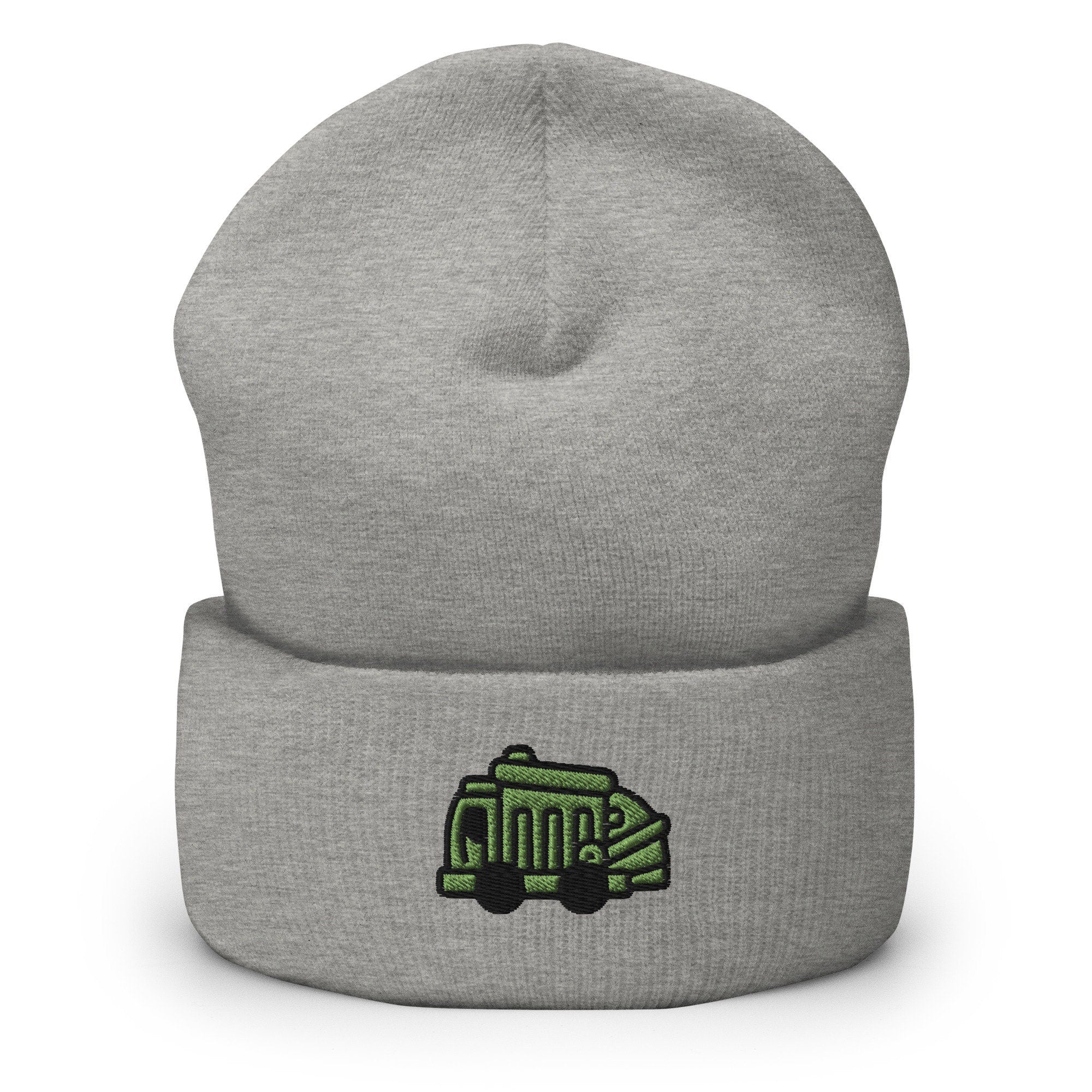 Garbage Truck Embroidered Beanie, Handmade Cuffed Knit Unisex Slouchy Adult Winter Hat Cap Gift