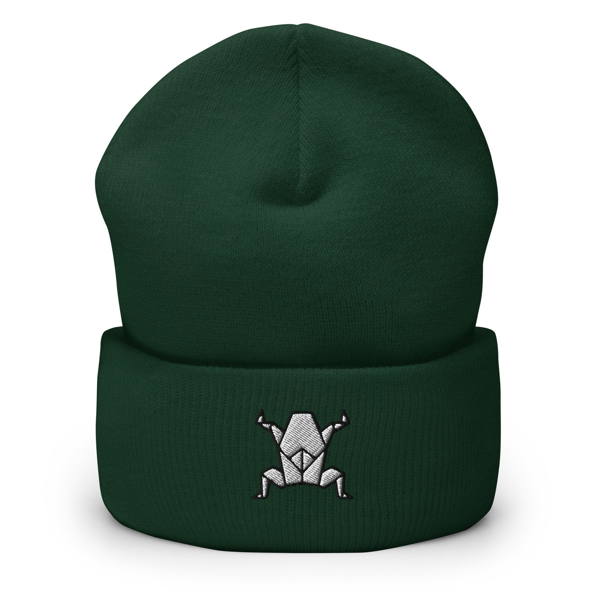Origami Frog Embroidered Beanie, Handmade Cuffed Knit Unisex Slouchy Adult Winter Hat Cap Gift
