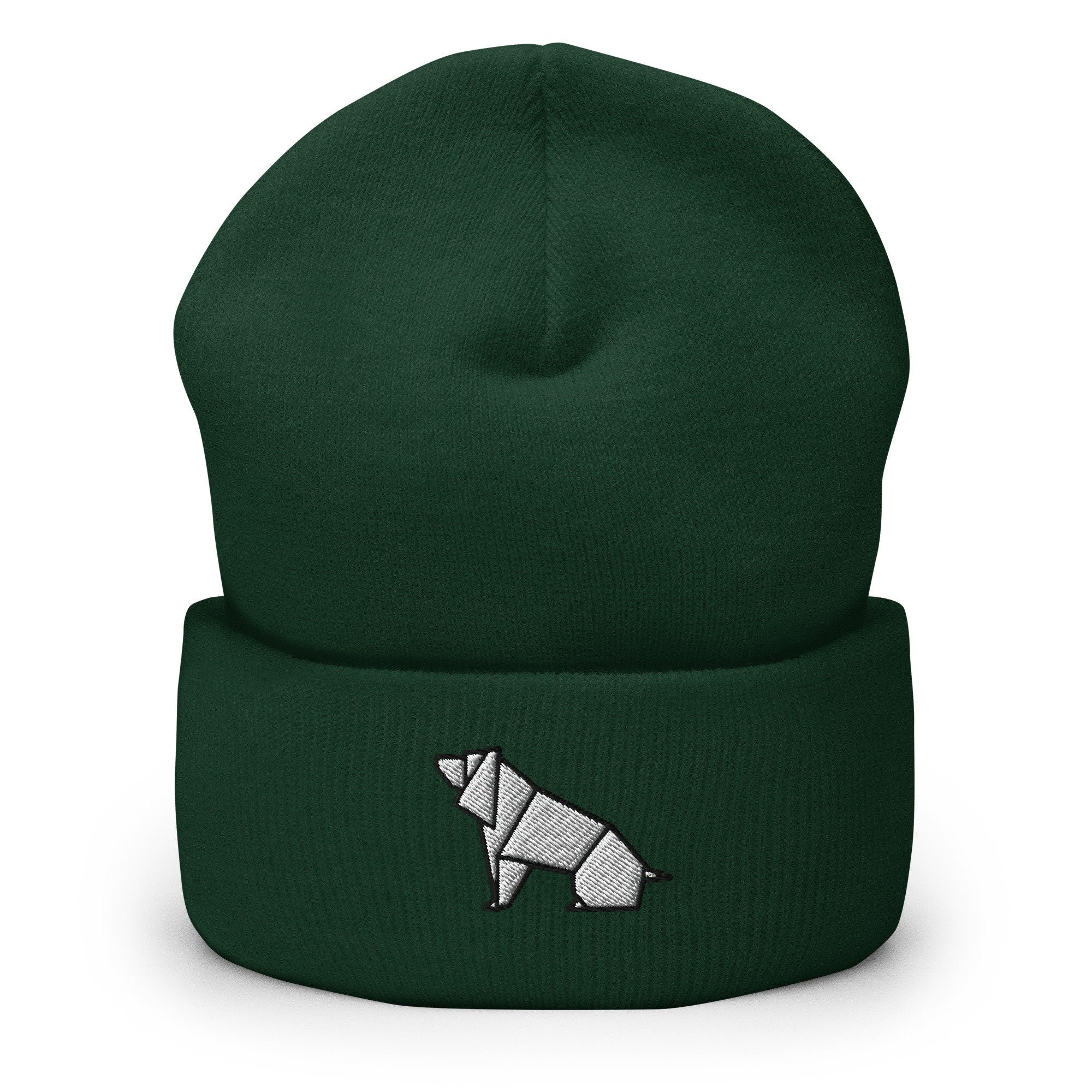 Origami Paper Dog Embroidered Beanie, Handmade Cuffed Knit Unisex Slouchy Adult Winter Hat Cap Gift
