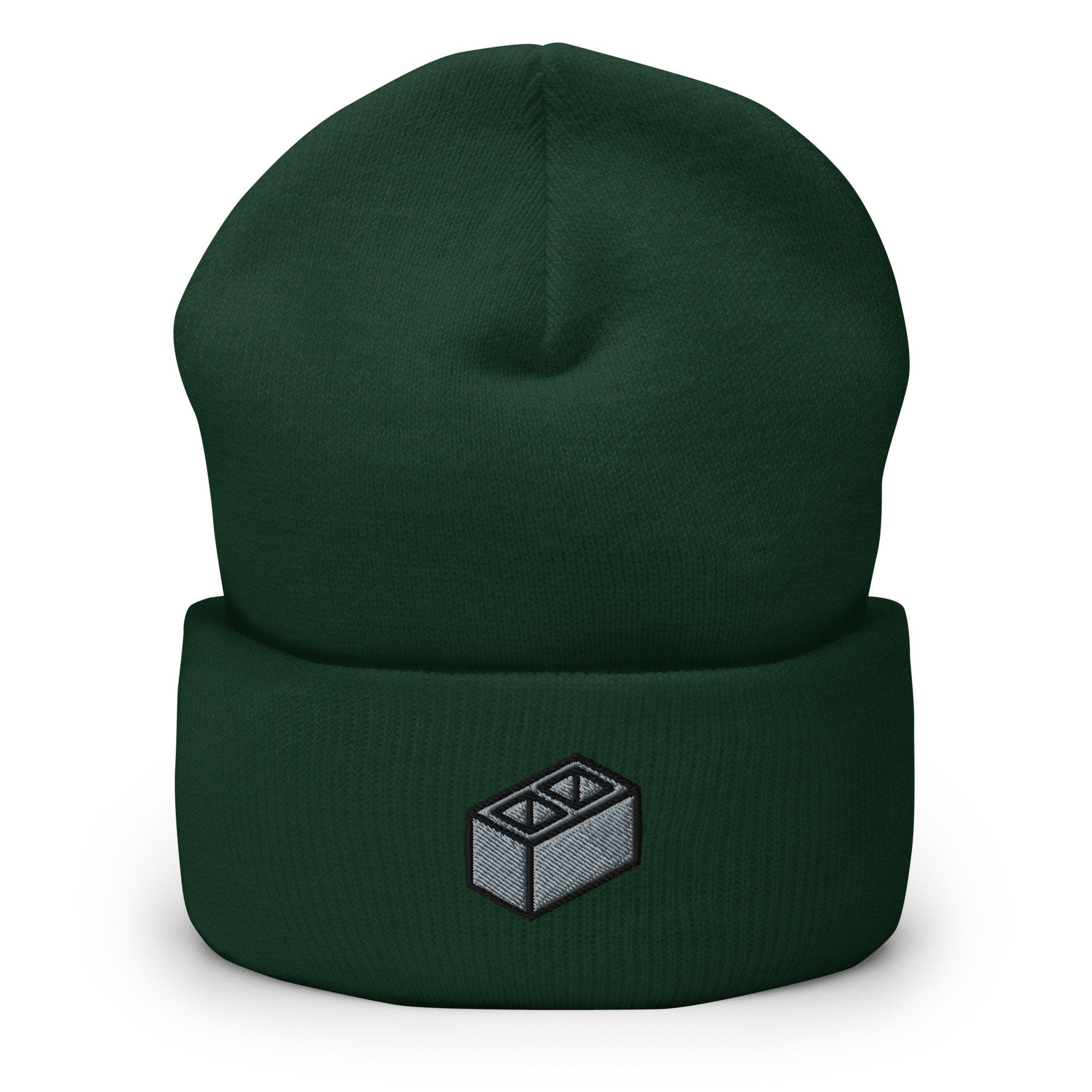 Cinder Block Embroidered Beanie, Handmade Cuffed Knit Unisex Slouchy Adult Winter Hat Cap Gift