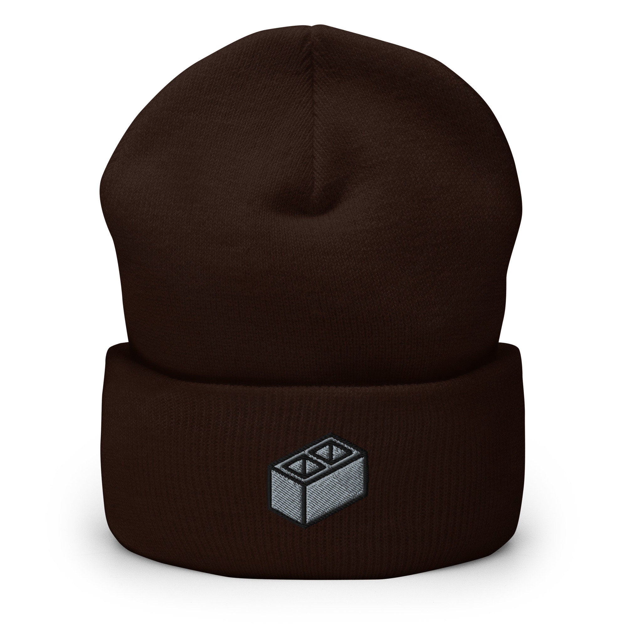 Cinder Block Embroidered Beanie, Handmade Cuffed Knit Unisex Slouchy Adult Winter Hat Cap Gift