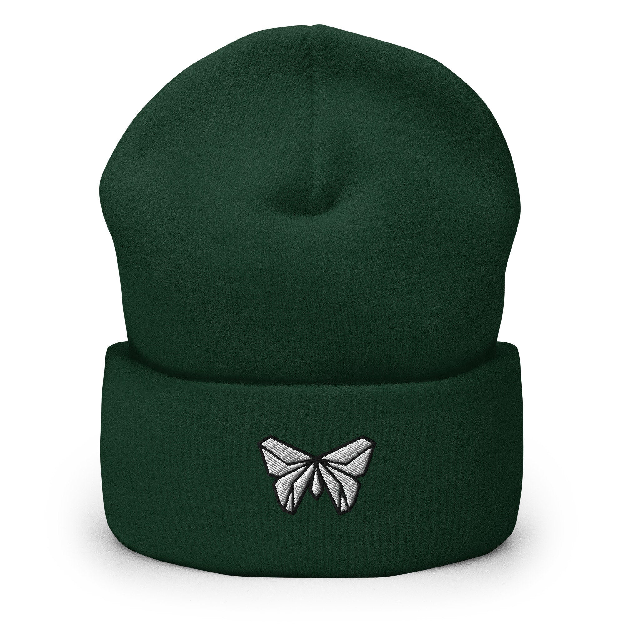 Japanese Origami Butterfly Embroidered Beanie, Handmade Cuffed Knit Unisex Slouchy Adult Winter Hat Cap Gift