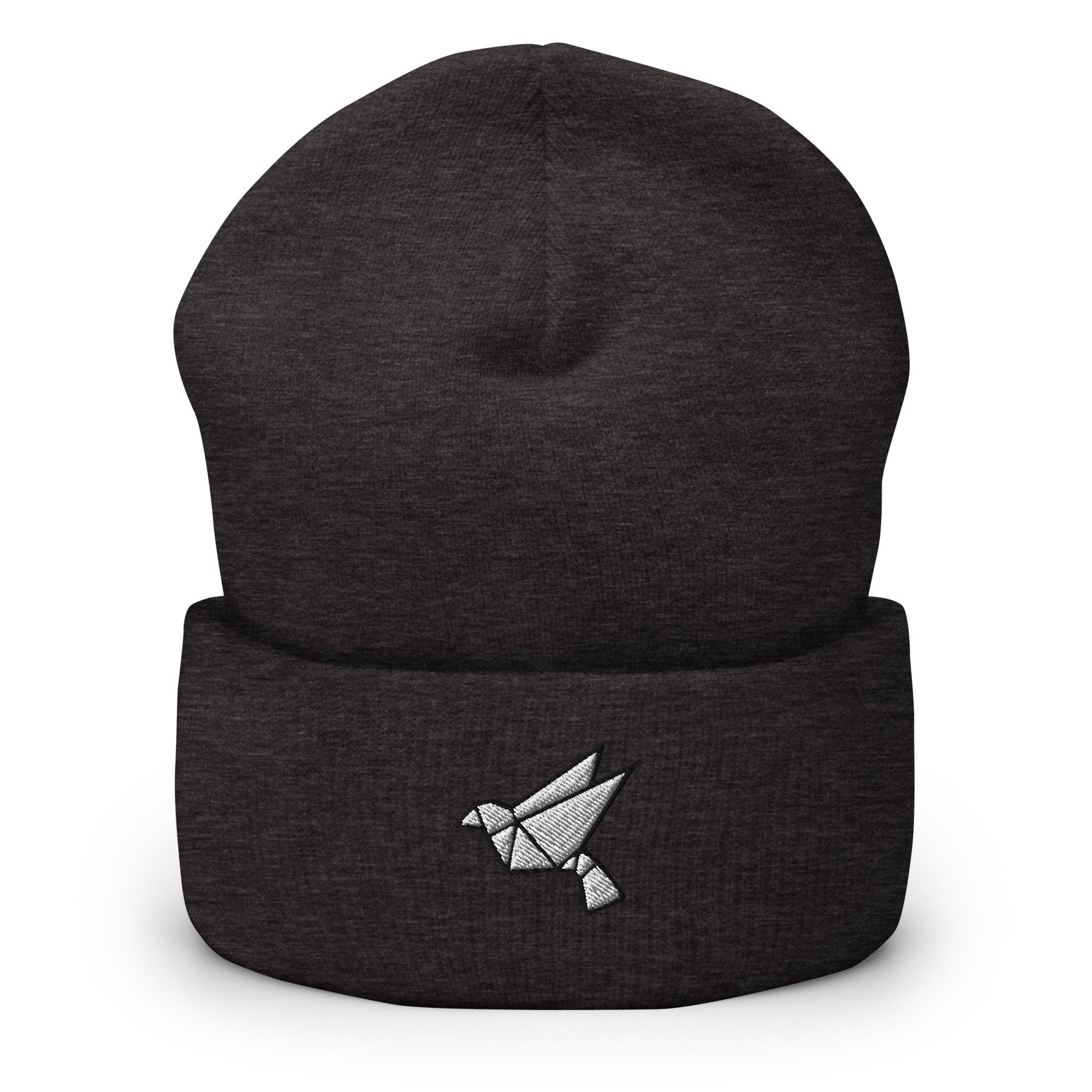 Origami Bird Embroidered Beanie, Handmade Cuffed Knit Unisex Slouchy Adult Winter Hat Cap Gift