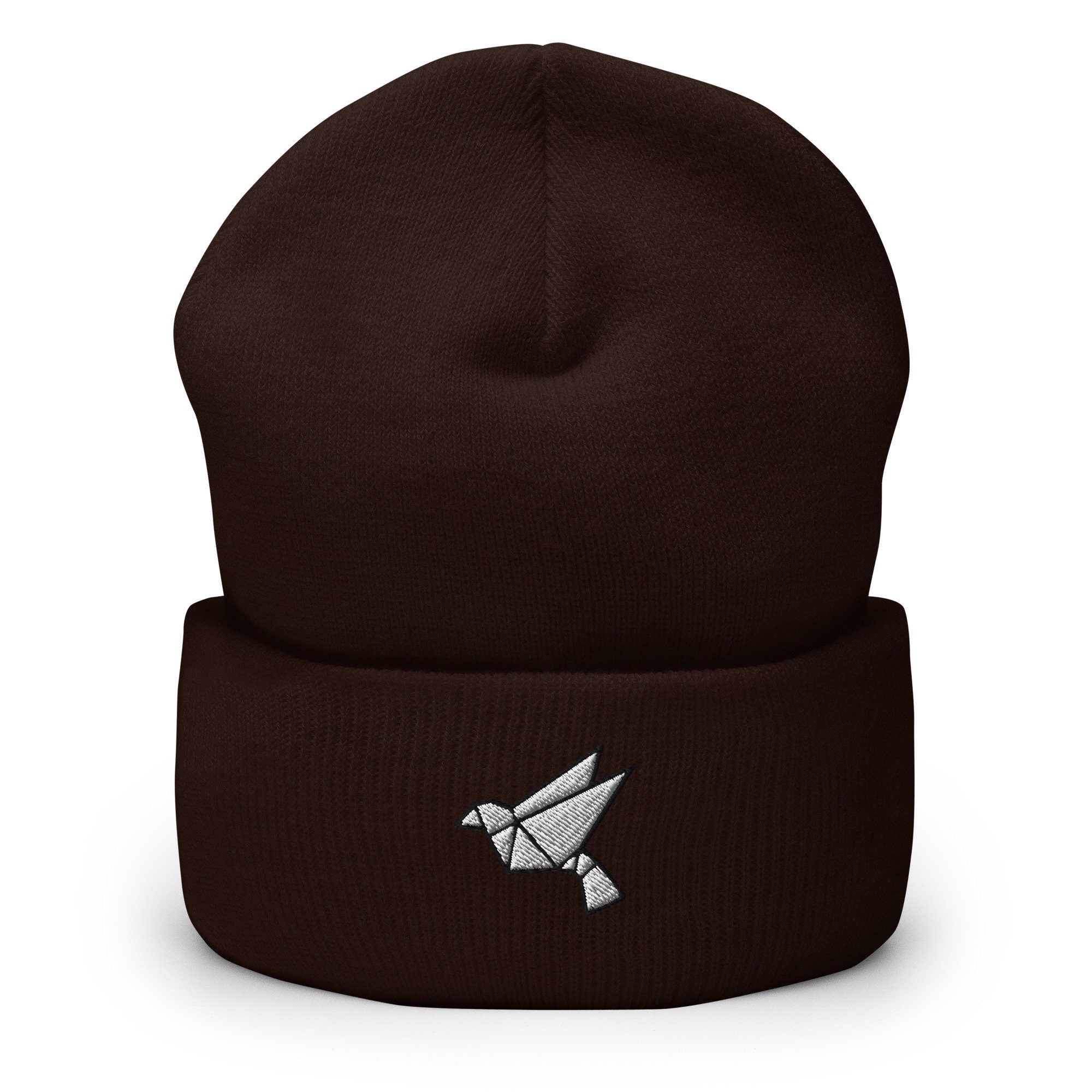 Origami Bird Embroidered Beanie, Handmade Cuffed Knit Unisex Slouchy Adult Winter Hat Cap Gift
