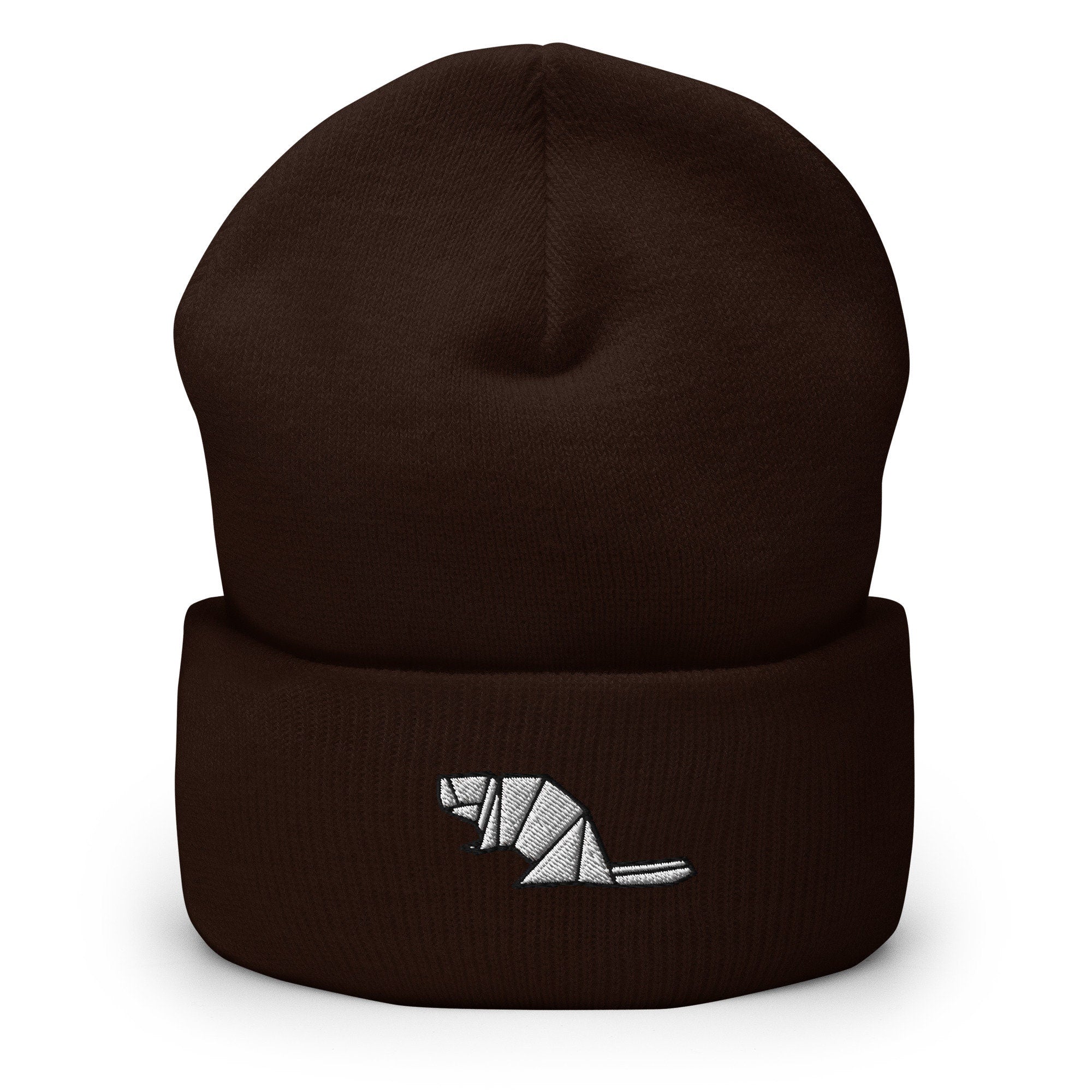 Origami Beaver Embroidered Beanie, Handmade Cuffed Knit Unisex Slouchy Adult Winter Hat Cap Gift
