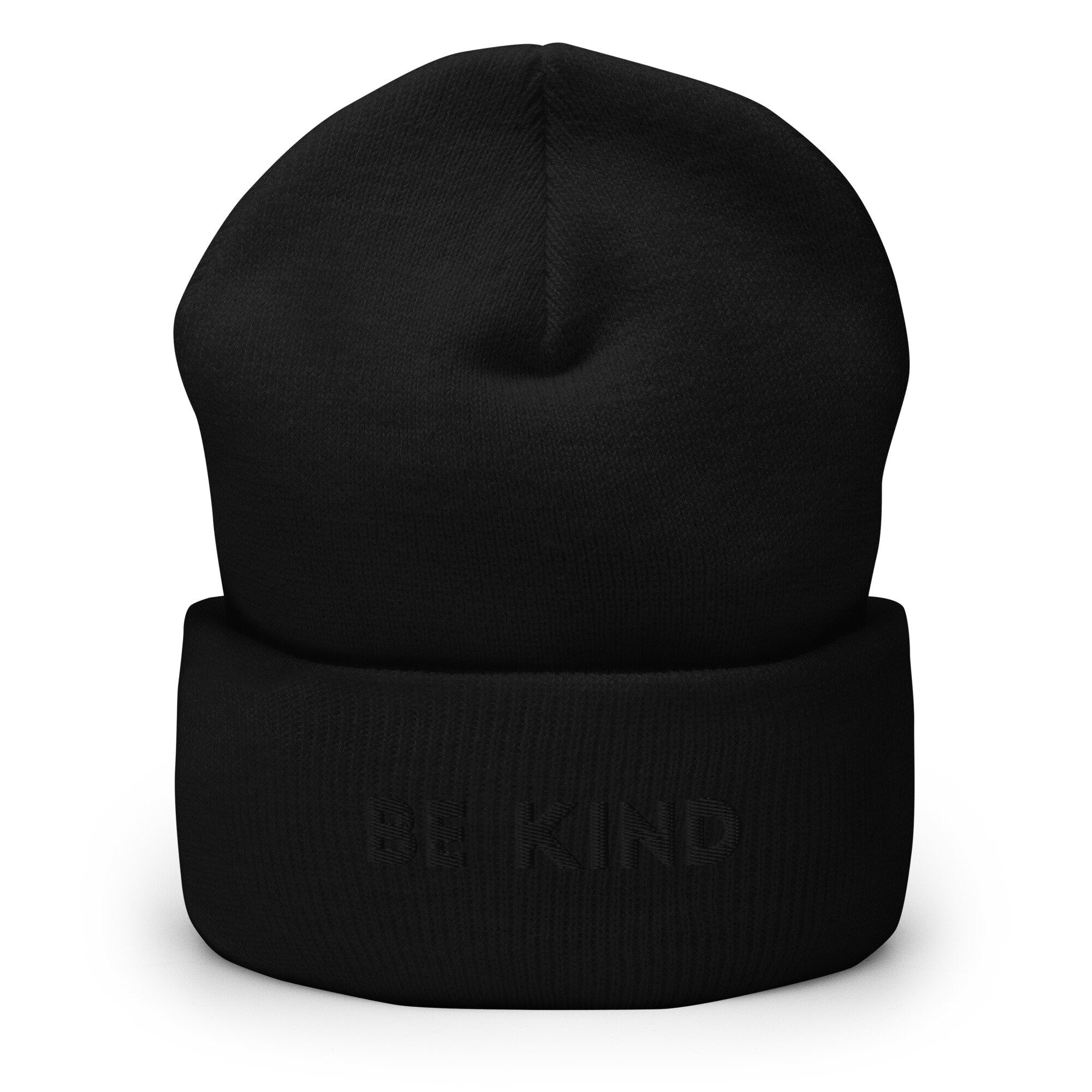 Be Kind Text Embroidered Beanie, Handmade Cuffed Knit Unisex Slouchy Adult Winter Hat Cap Gift