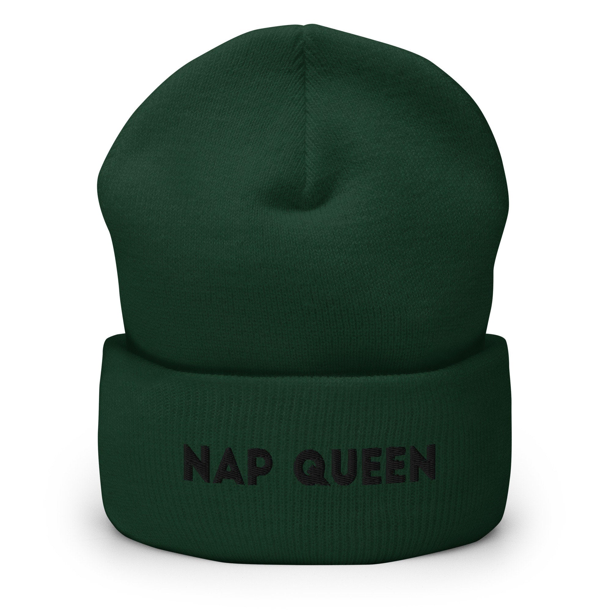 Nap Queen Embroidered Beanie, Handmade Cuffed Knit Unisex Slouchy Adult Winter Hat Cap Gift