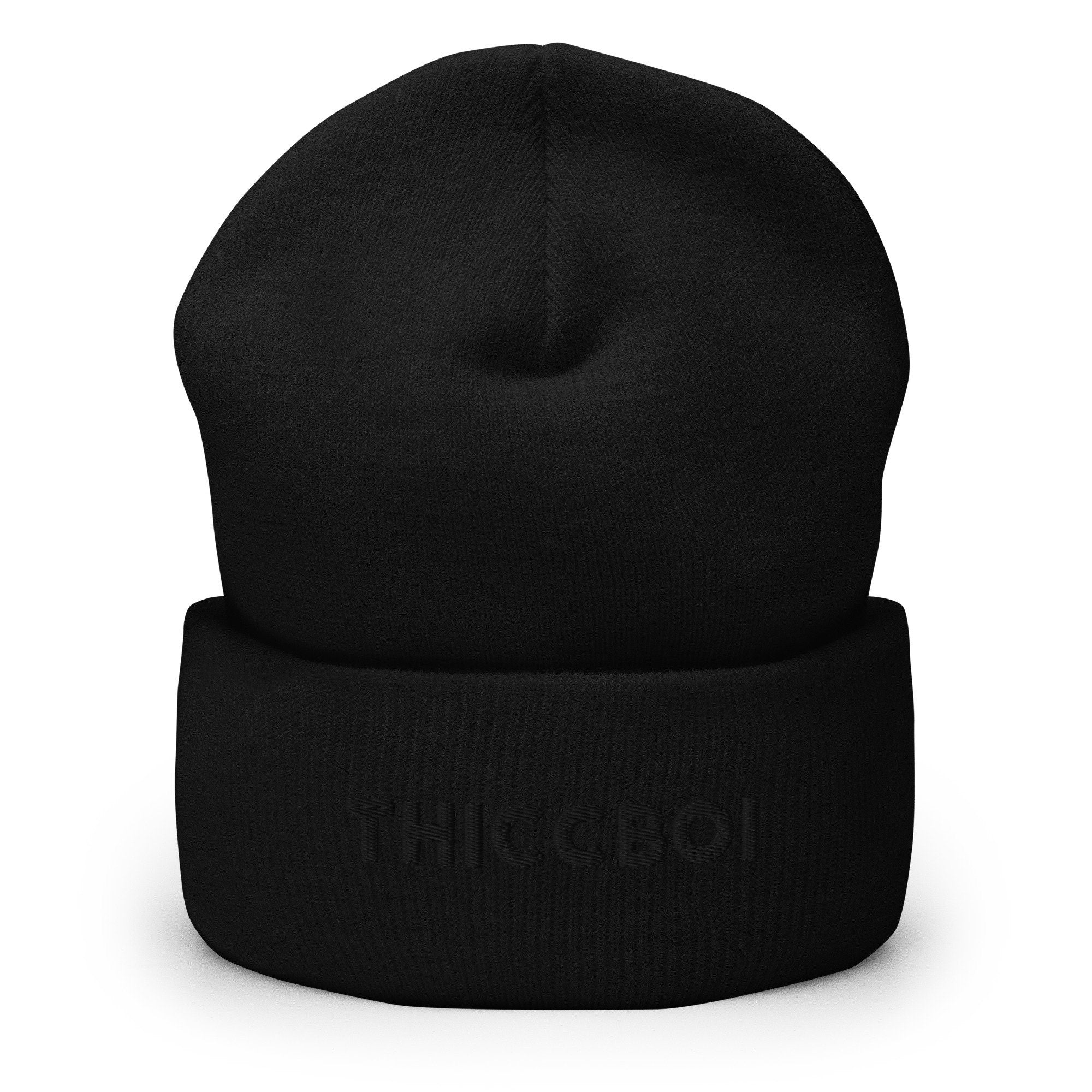Thicc Boi Embroidered Beanie, Handmade Cuffed Knit Unisex Slouchy Adult Winter Hat Cap Gift
