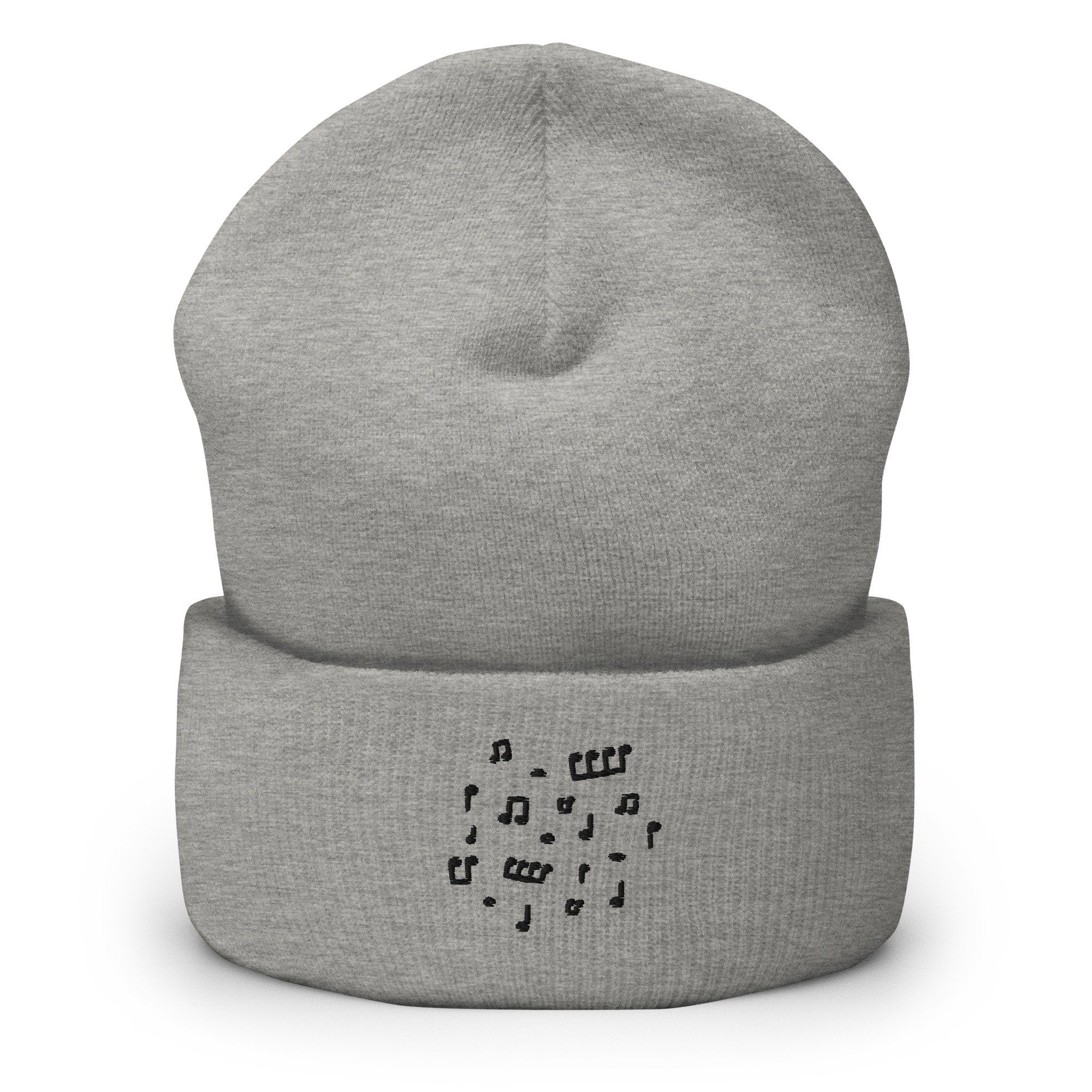 Music Notes Embroidered Beanie, Handmade Cuffed Knit Unisex Slouchy Adult Winter Hat Cap Gift