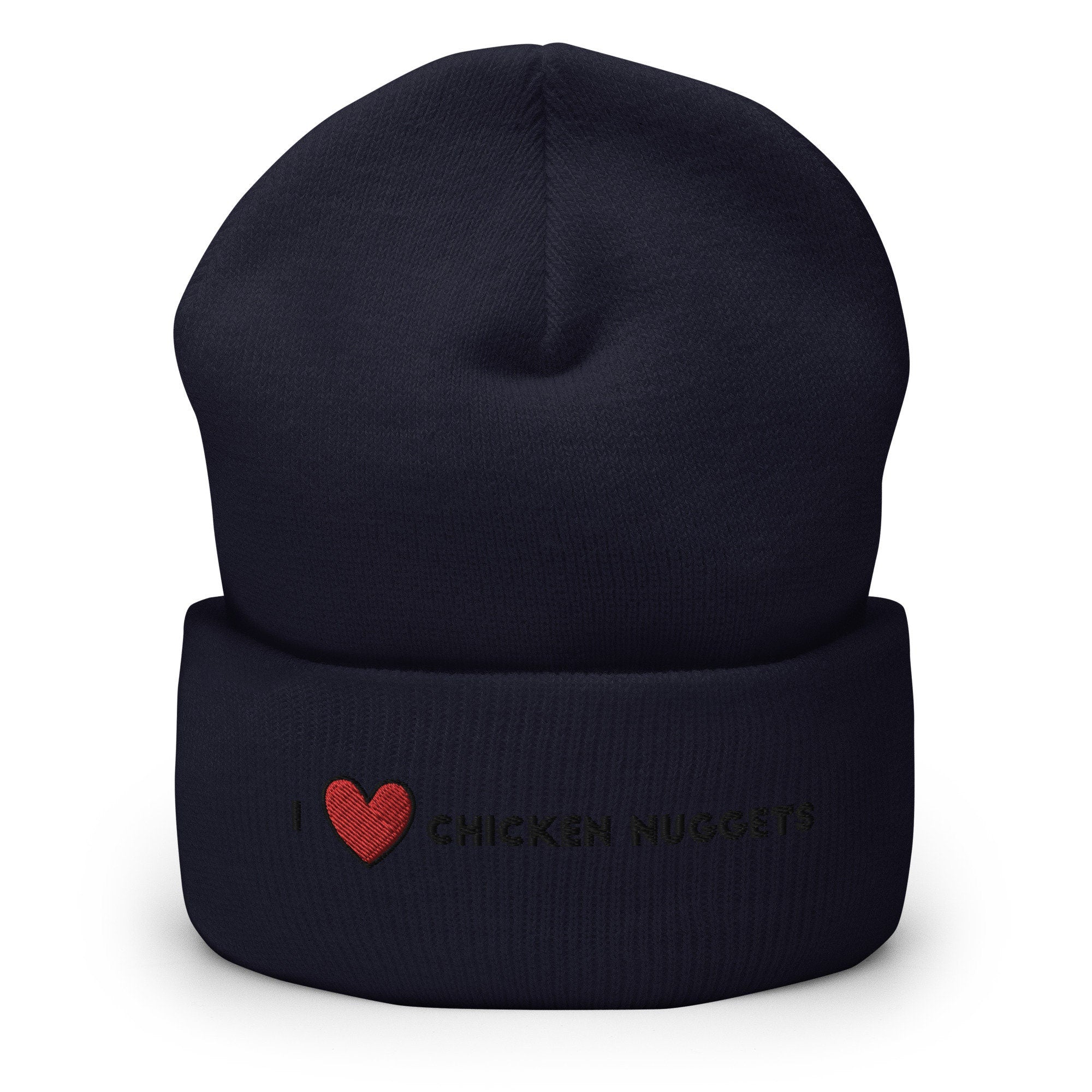 I Heart Chicken Nuggets Embroidered Beanie, Handmade Cuffed Knit Unisex Slouchy Adult Winter Hat Cap Gift
