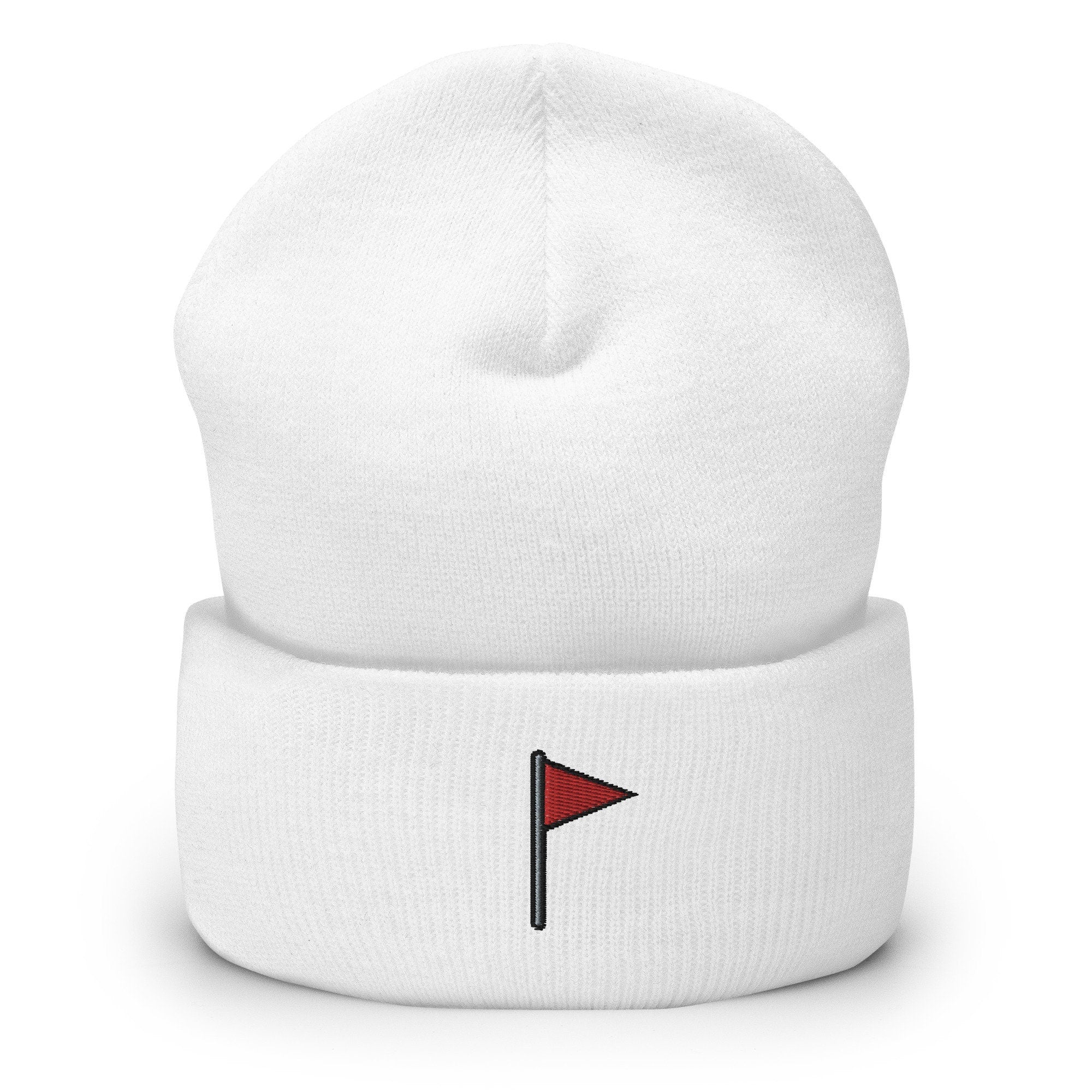 Red Flag Emoji Cuffed Beanie Embroidered Beanie, Handmade Cuffed Knit Unisex Slouchy Adult Winter Hat Cap Gift