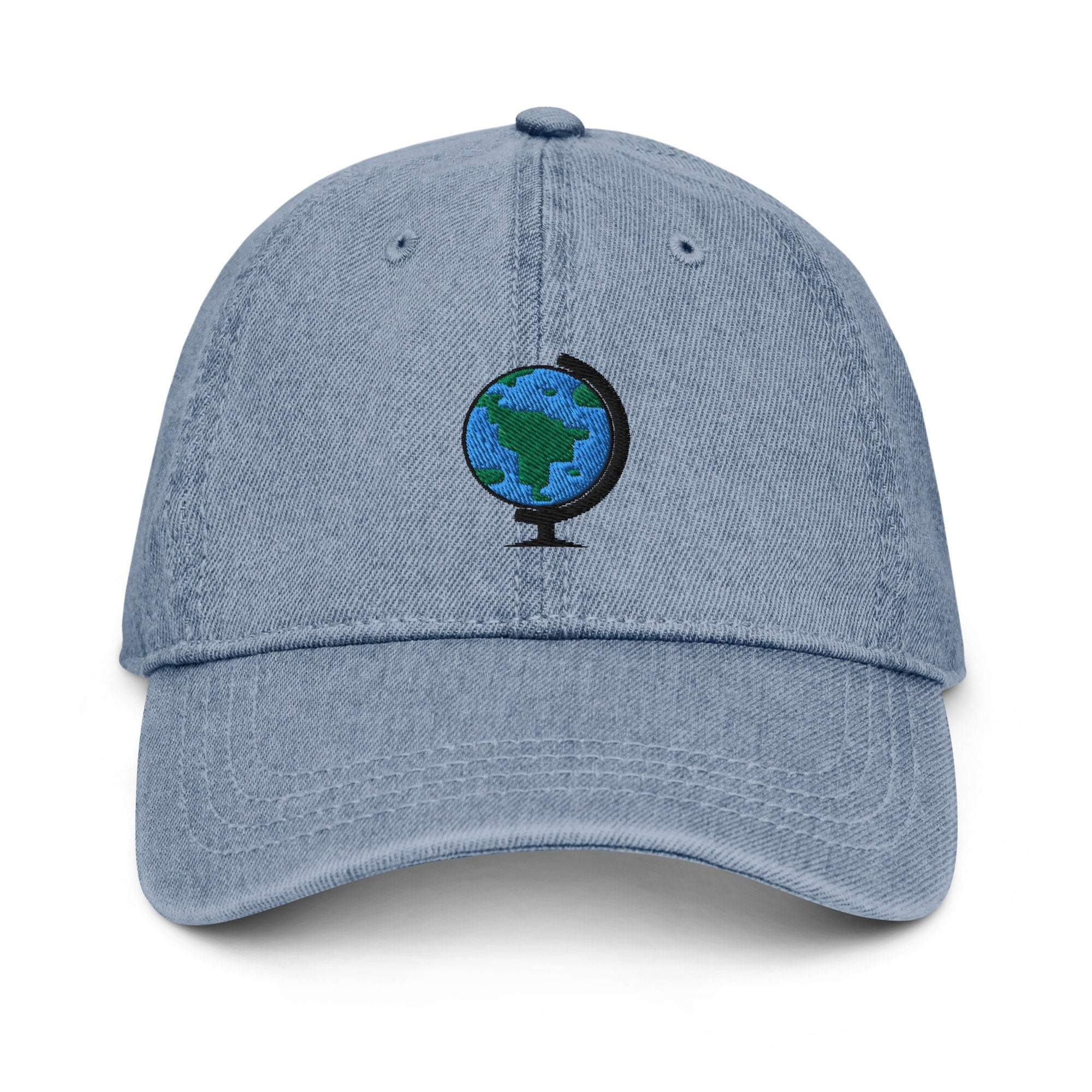 Globe Denim Hat, Premium Embroidered Denim Cap, Hat Embroidery Gift - Multiple Colors