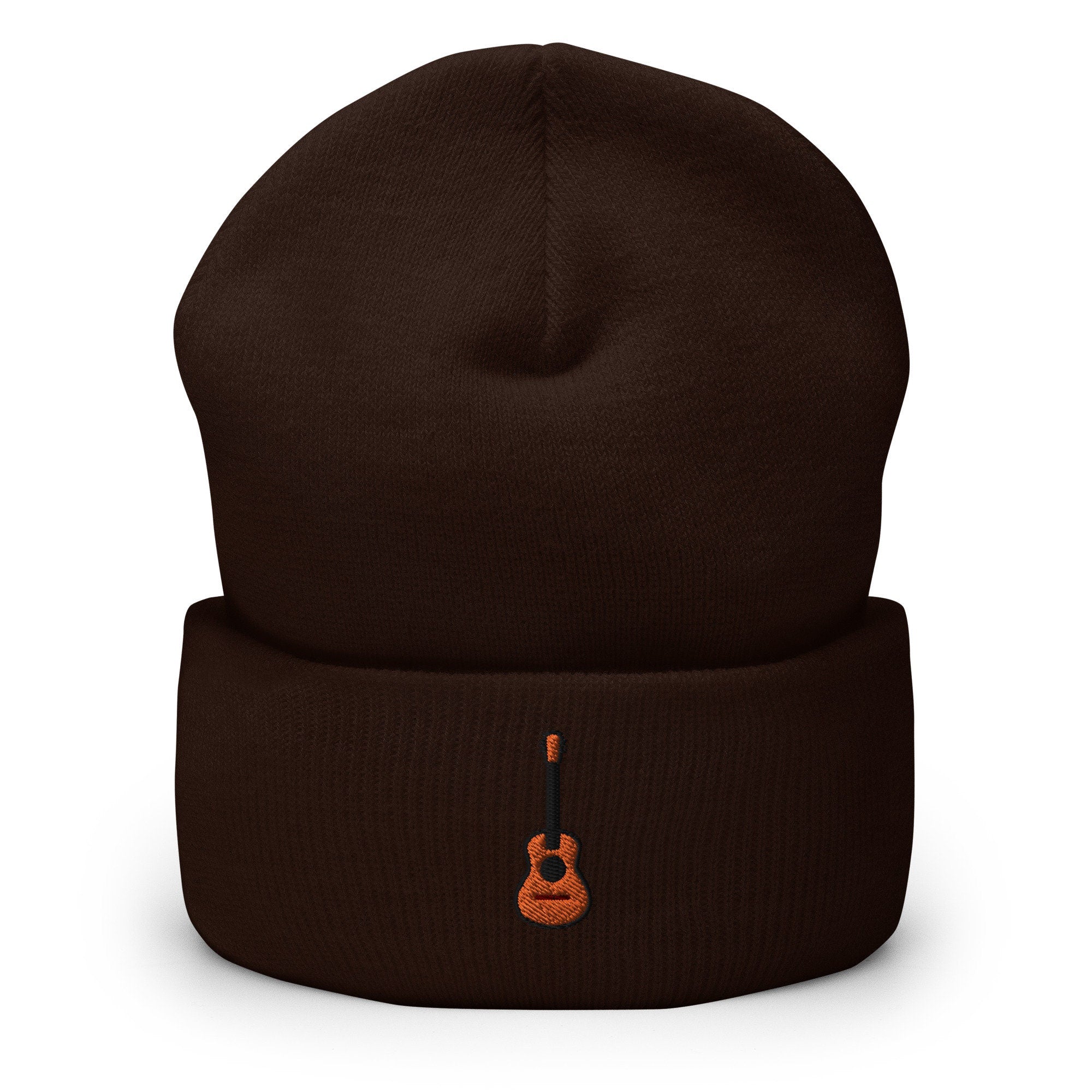 Guitarist, Guitar Embroidered Beanie, Handmade Cuffed Knit Unisex Slouchy Adult Winter Hat Cap Gift
