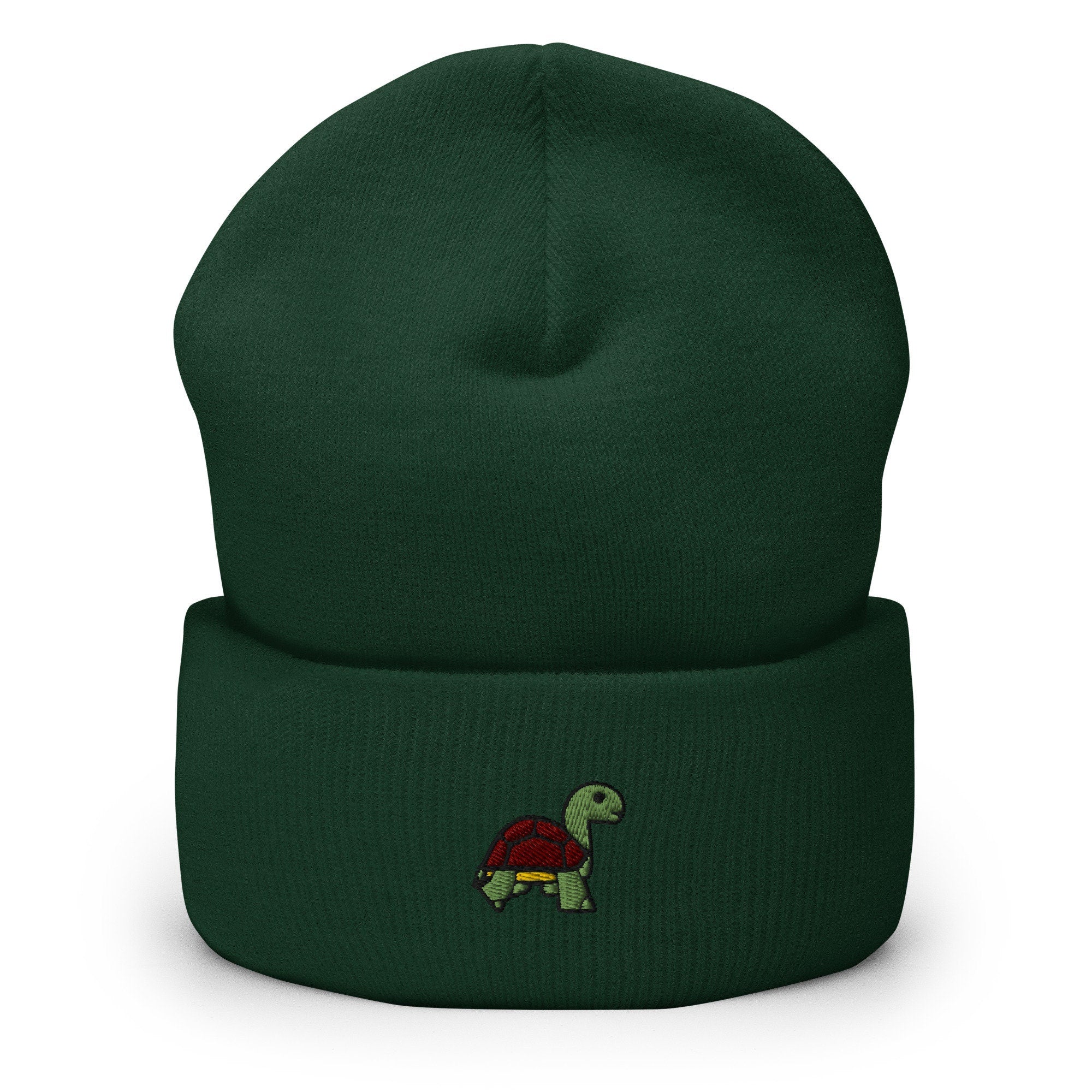 Cute Sea Turtle Tortoise Embroidered Beanie, Handmade Cuffed Knit Unisex Slouchy Adult Winter Hat Cap Gift