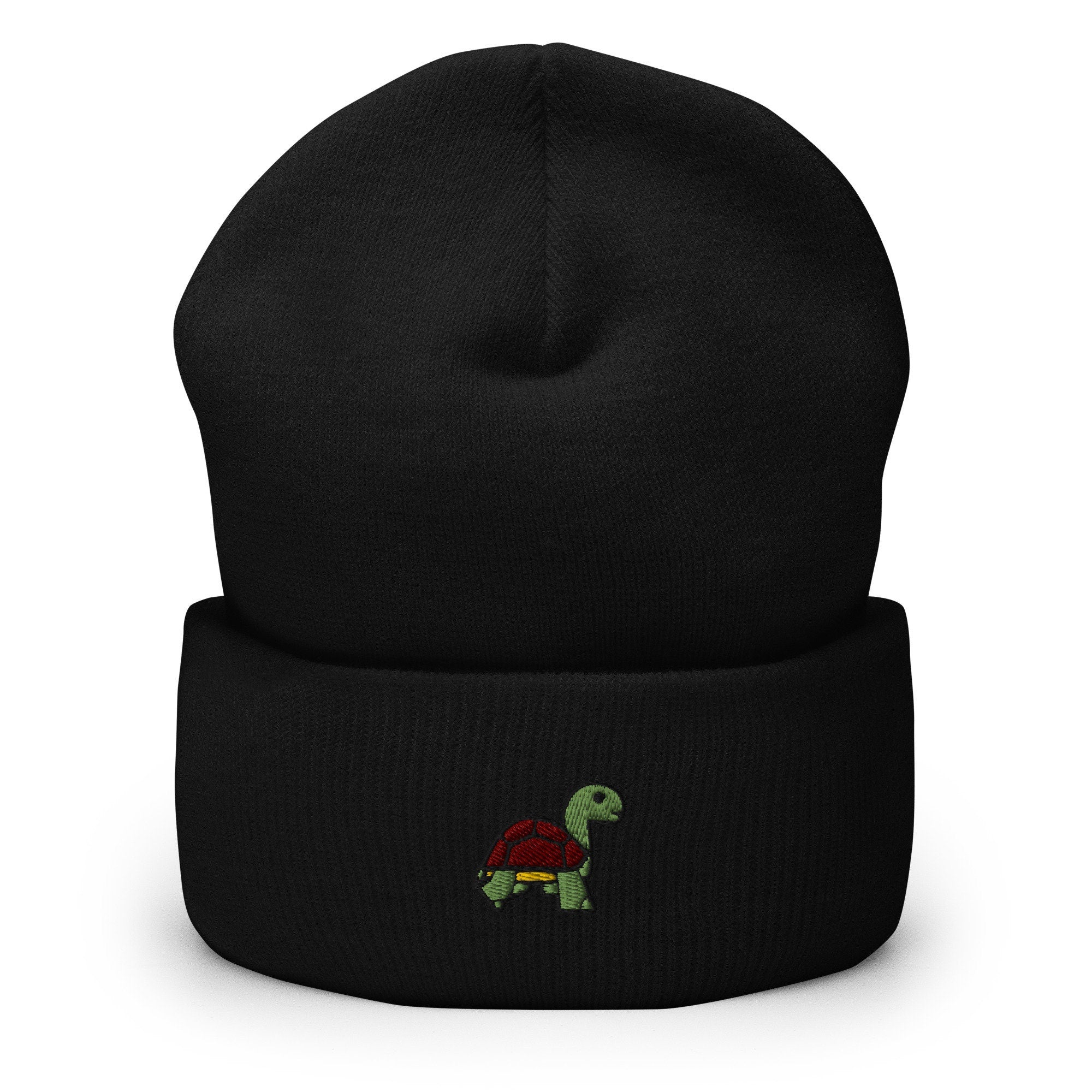 Cute Sea Turtle Tortoise Embroidered Beanie, Handmade Cuffed Knit Unisex Slouchy Adult Winter Hat Cap Gift