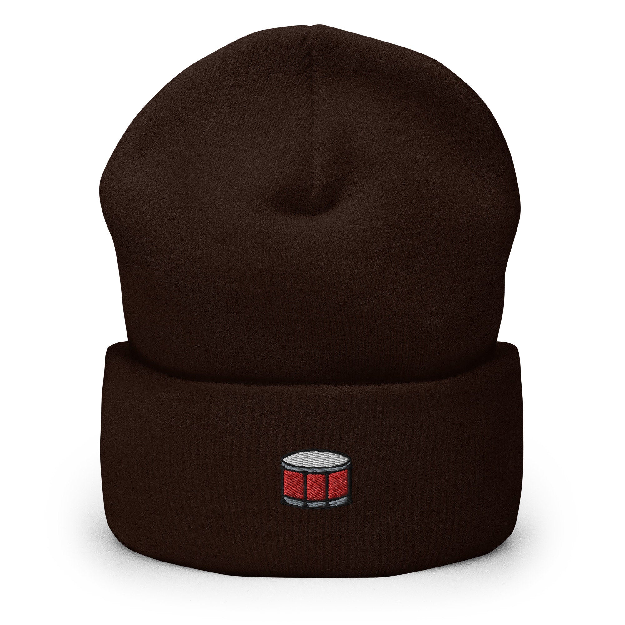 Drummer Drum Embroidered Beanie, Handmade Cuffed Knit Unisex Slouchy Adult Winter Hat Cap Gift