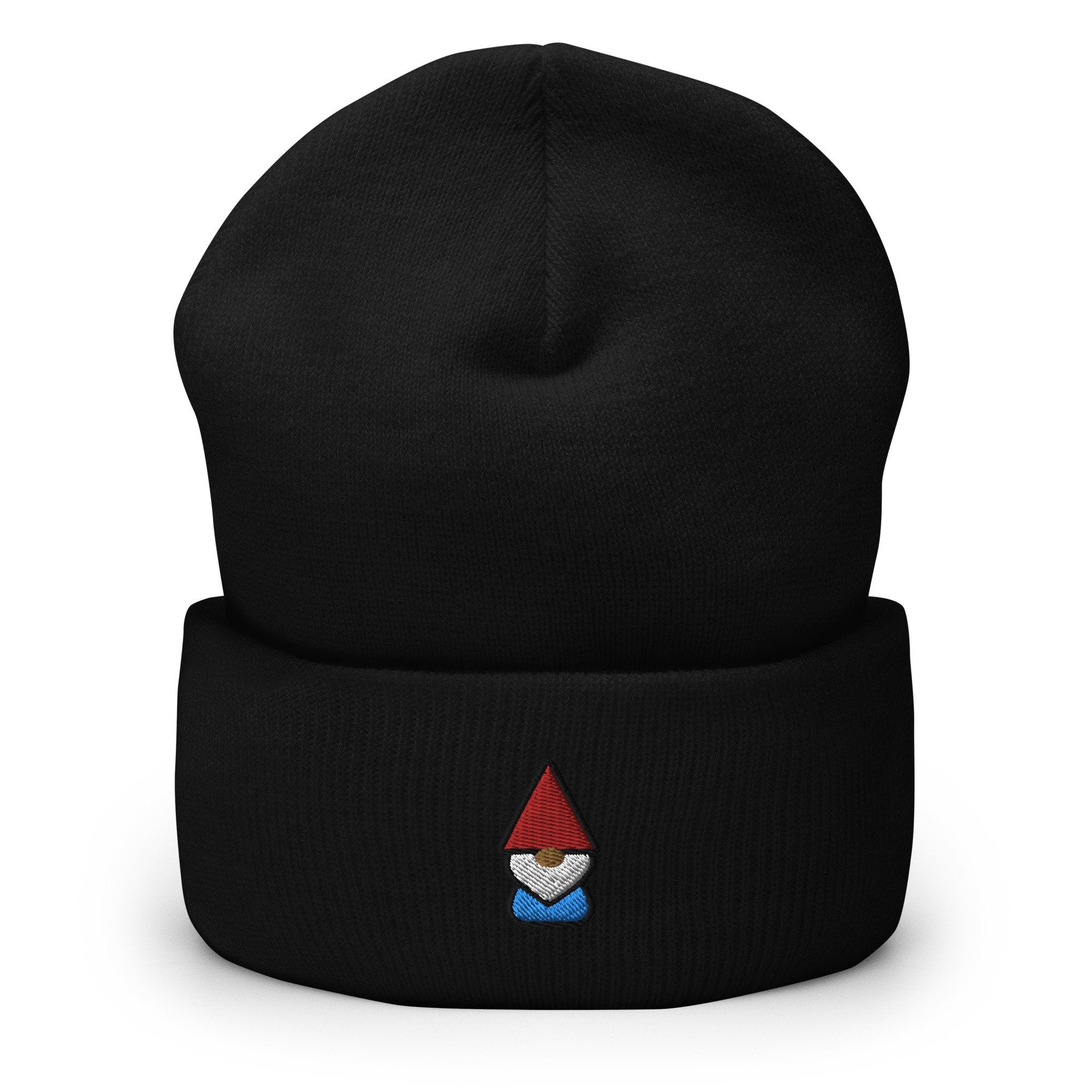 Lawn Gnome Embroidered Beanie, Handmade Cuffed Knit Unisex Slouchy Adult Winter Hat Cap Gift