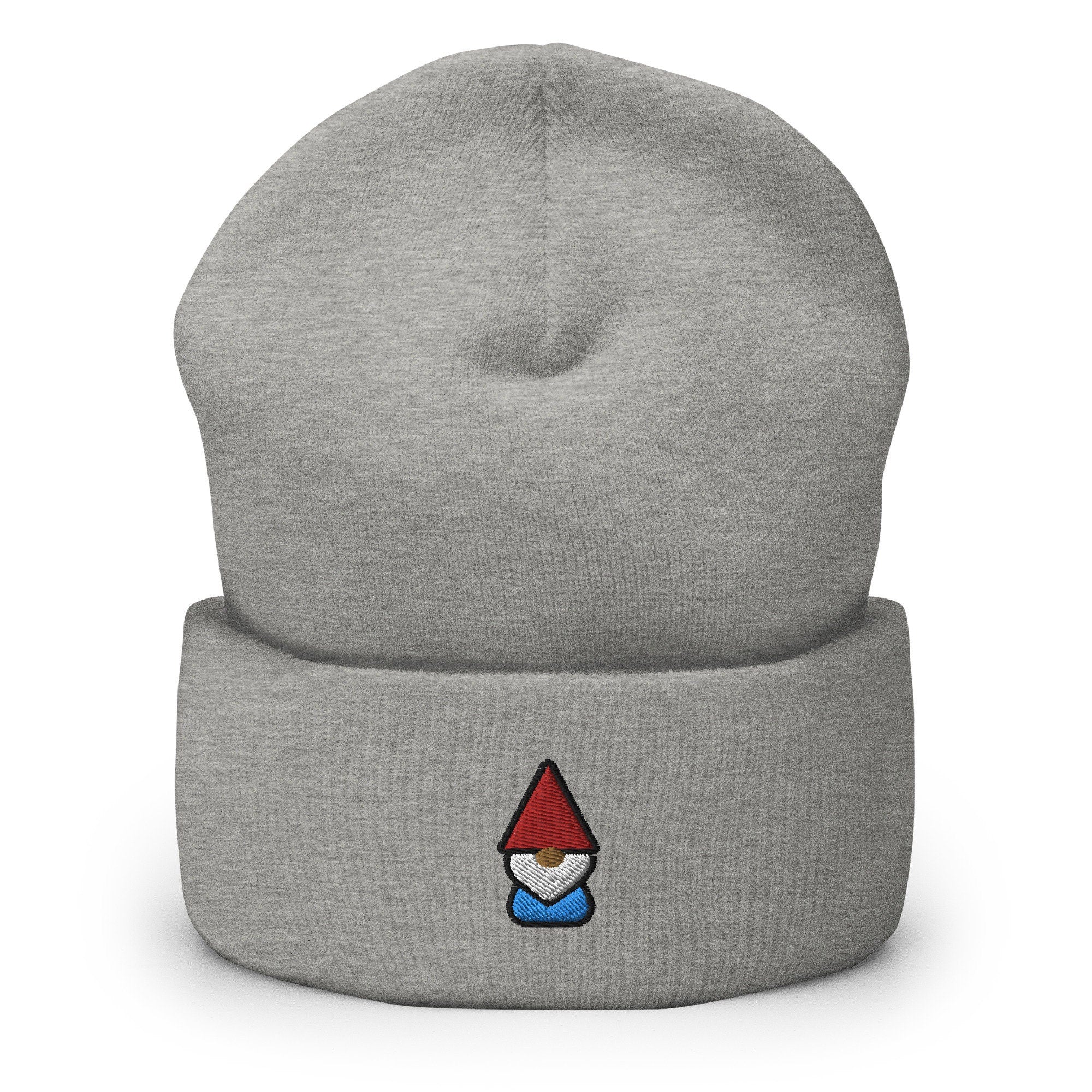 Lawn Gnome Embroidered Beanie, Handmade Cuffed Knit Unisex Slouchy Adult Winter Hat Cap Gift