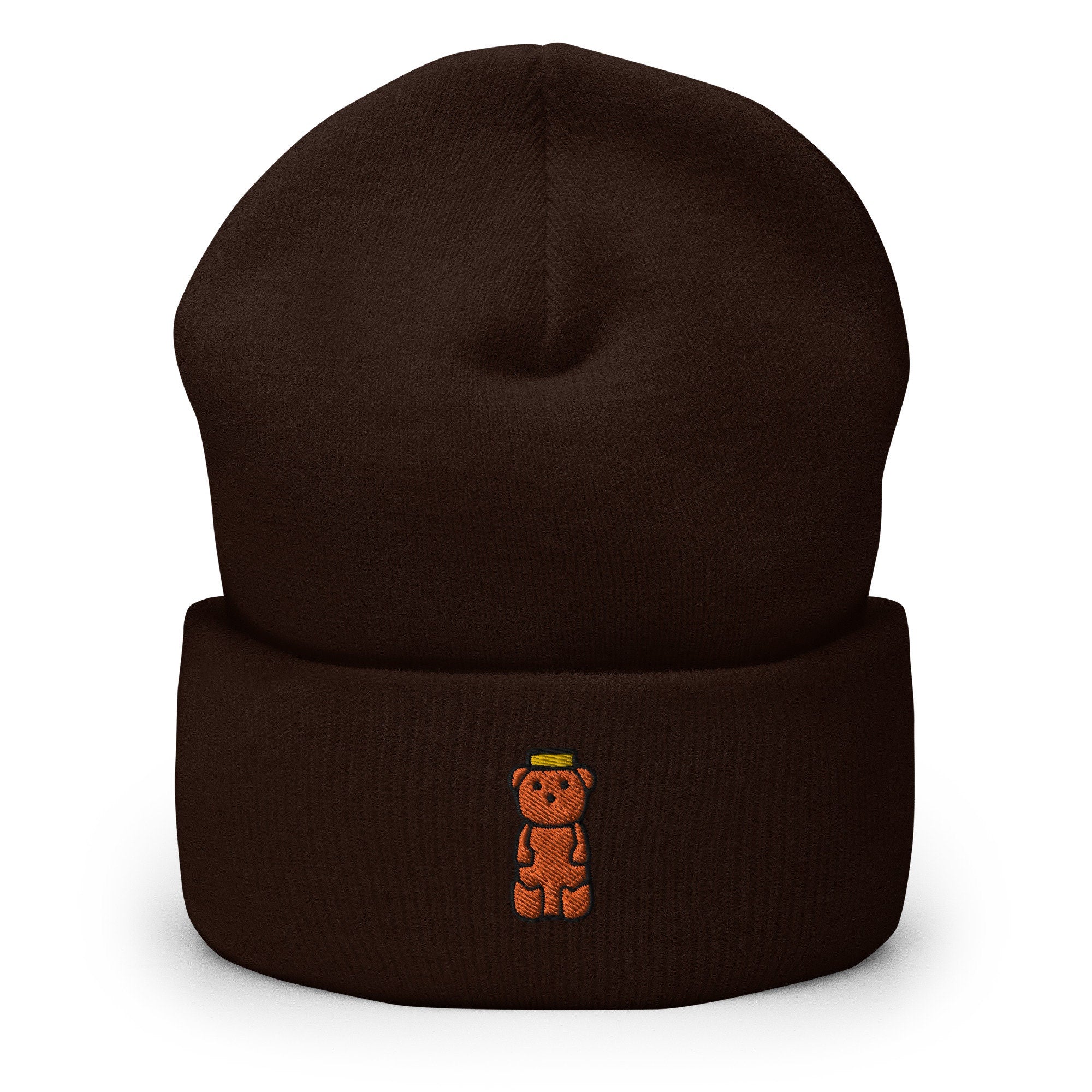 Honey Bear Embroidered Beanie, Handmade Cuffed Knit Unisex Slouchy Adult Winter Hat Cap Gift