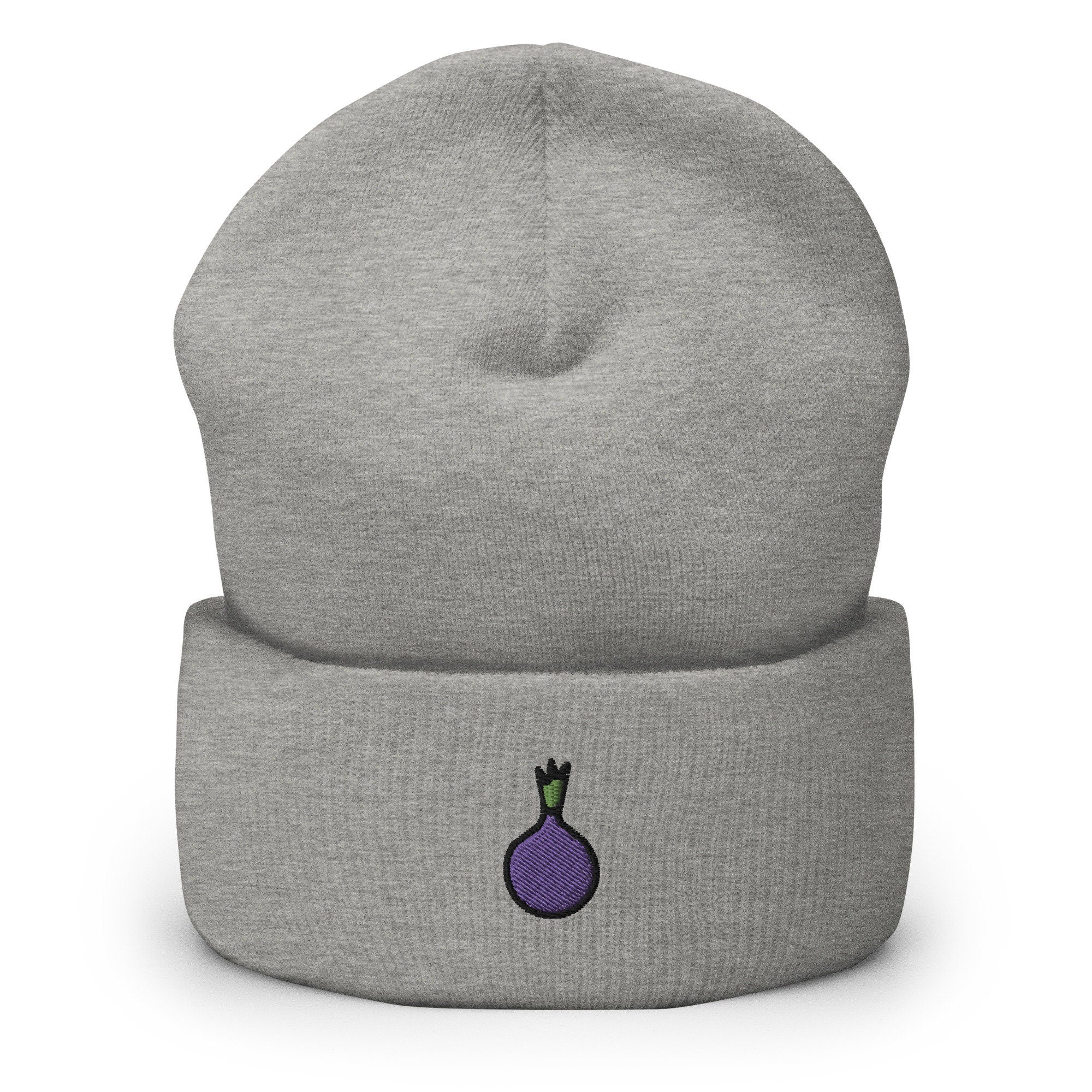 Onion Embroidered Beanie, Handmade Cuffed Knit Unisex Slouchy Adult Winter Hat Cap Gift