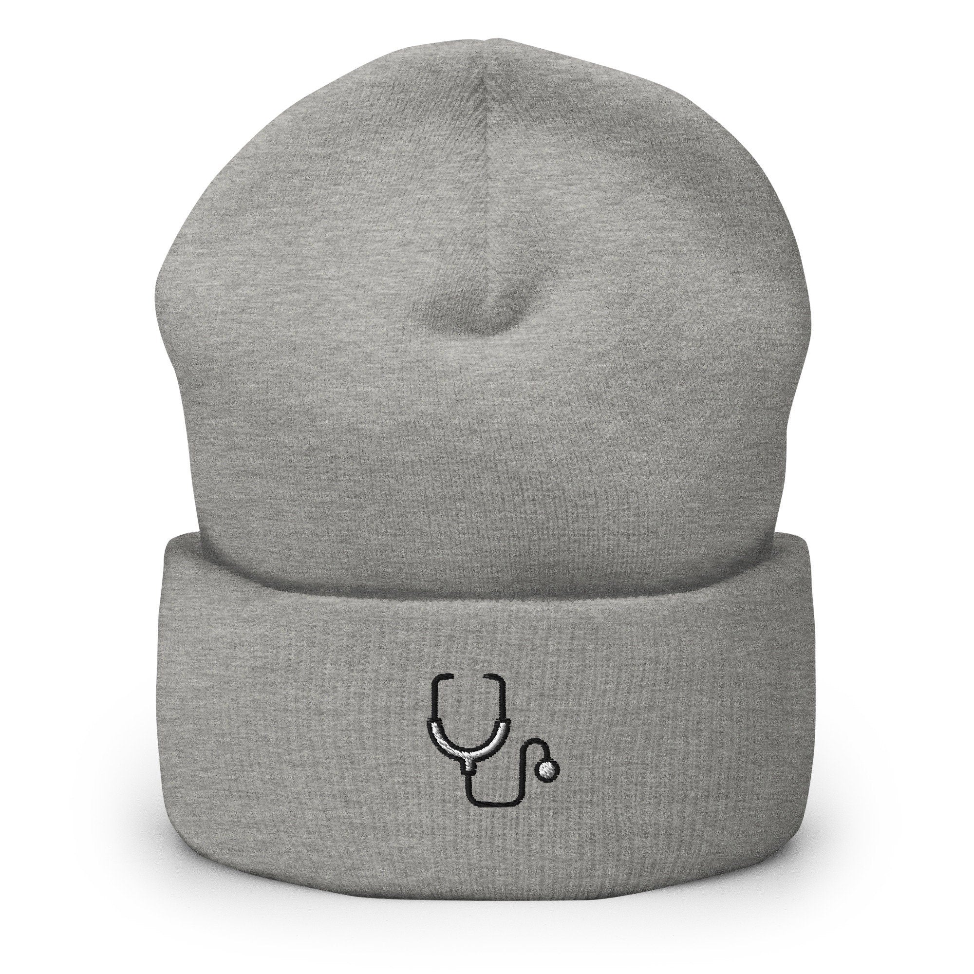 Doctor Nurse Stethoscope Embroidered Beanie, Handmade Cuffed Knit Unisex Slouchy Adult Winter Hat Cap Gift