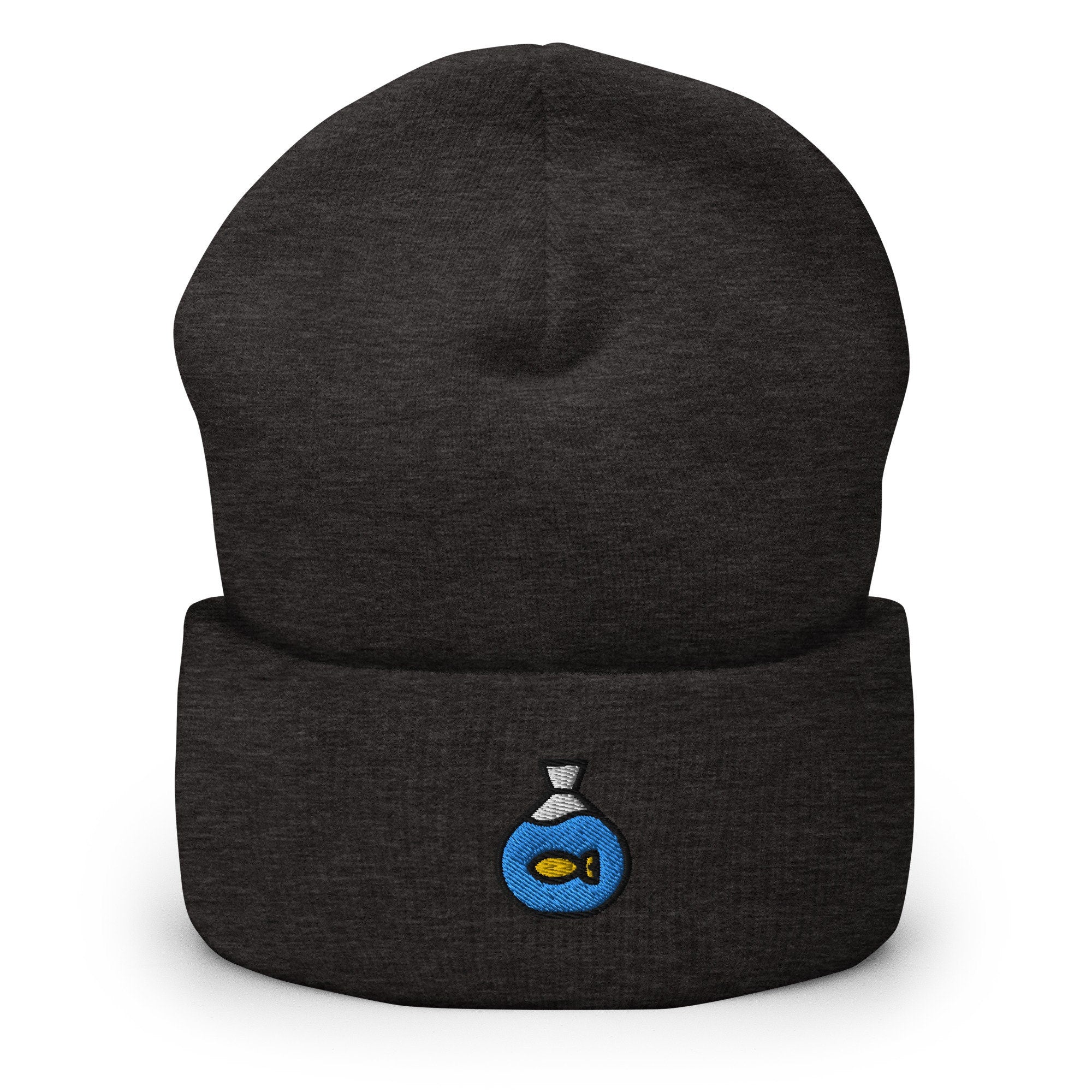 Goldfish Bag Embroidered Beanie, Handmade Cuffed Knit Unisex Slouchy Adult Winter Hat Cap Gift