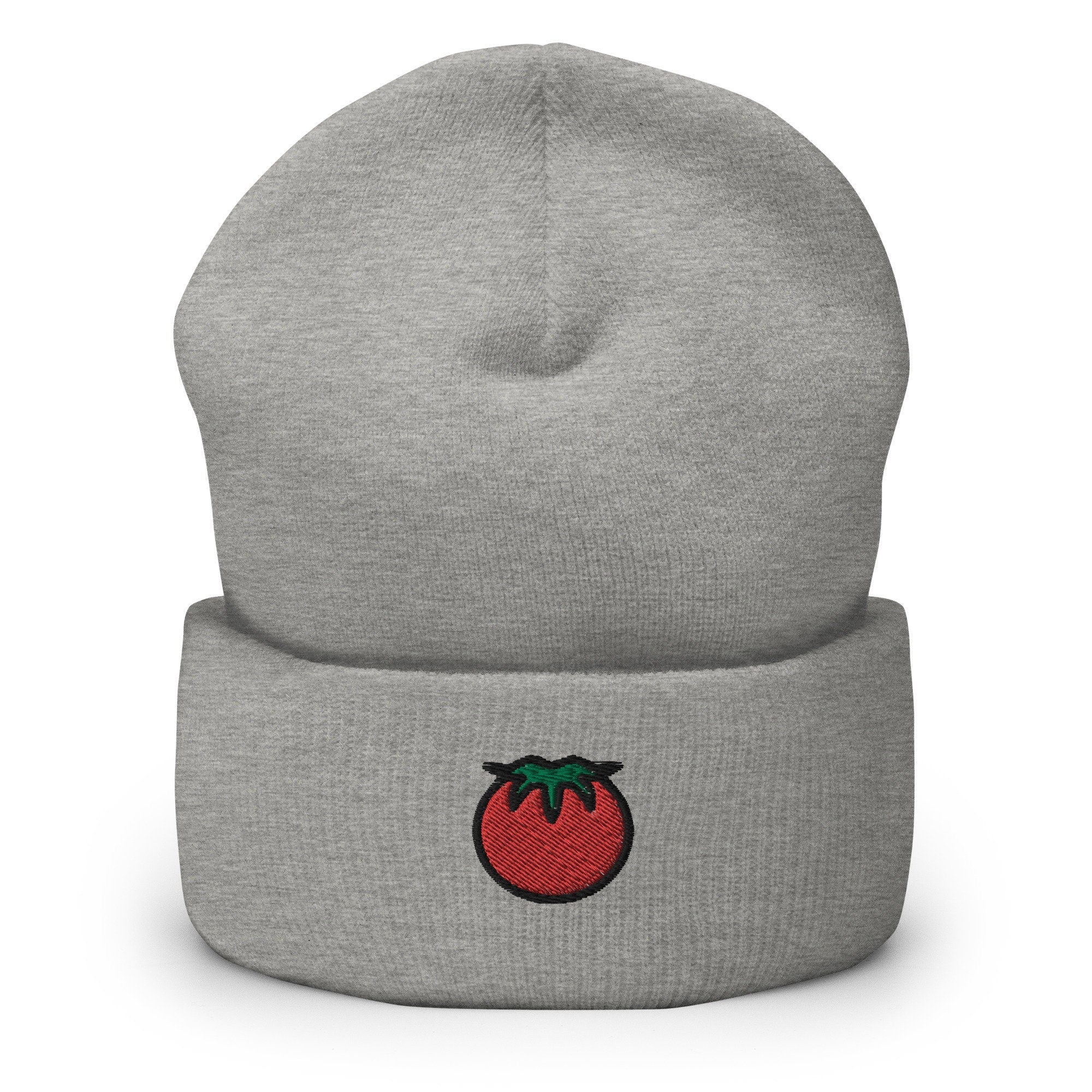 Tomato Vegetable Embroidered Beanie, Handmade Cuffed Knit Unisex Slouchy Adult Winter Hat Cap Gift