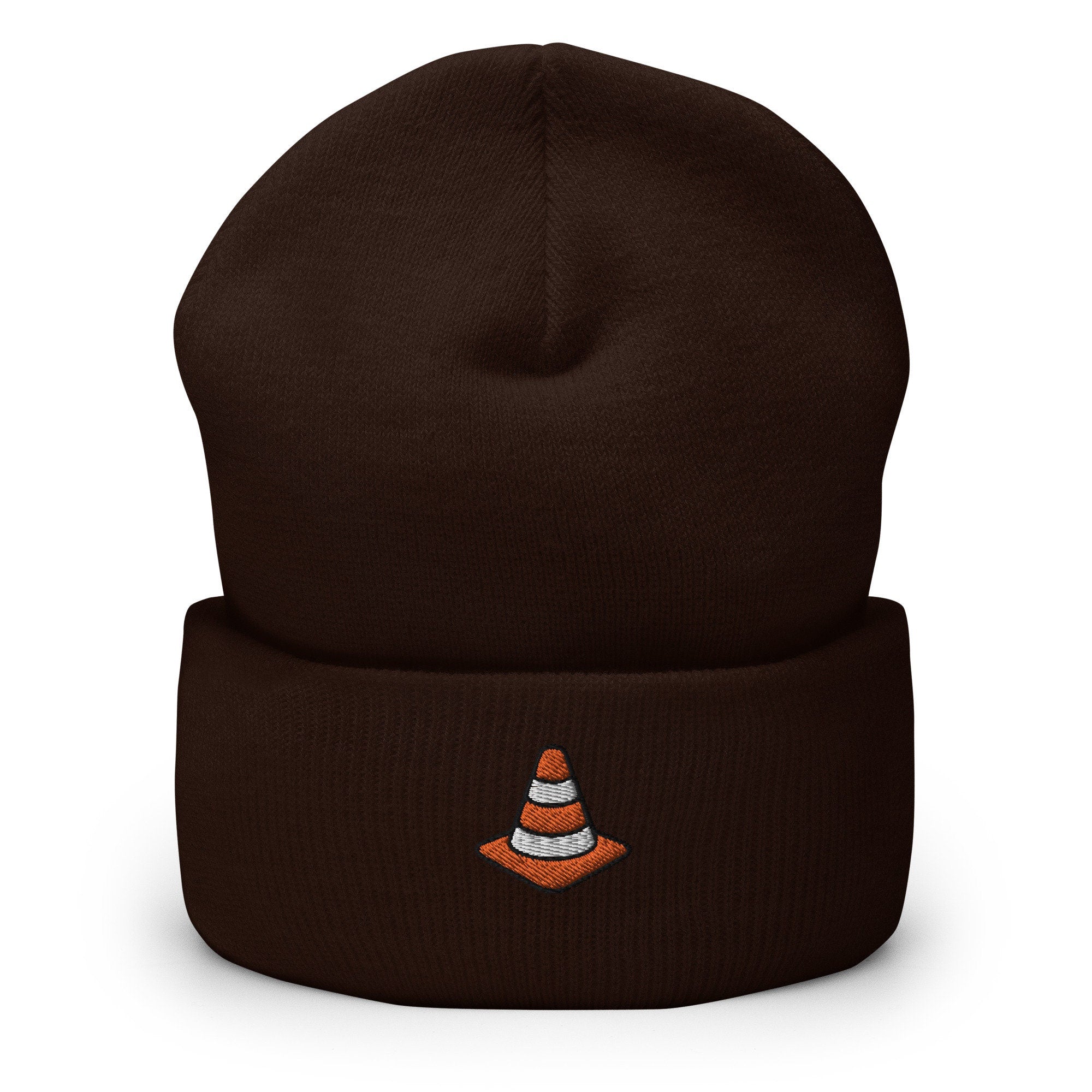 Traffic Safety Cone Embroidered Beanie, Handmade Cuffed Knit Unisex Slouchy Adult Winter Hat Cap Gift