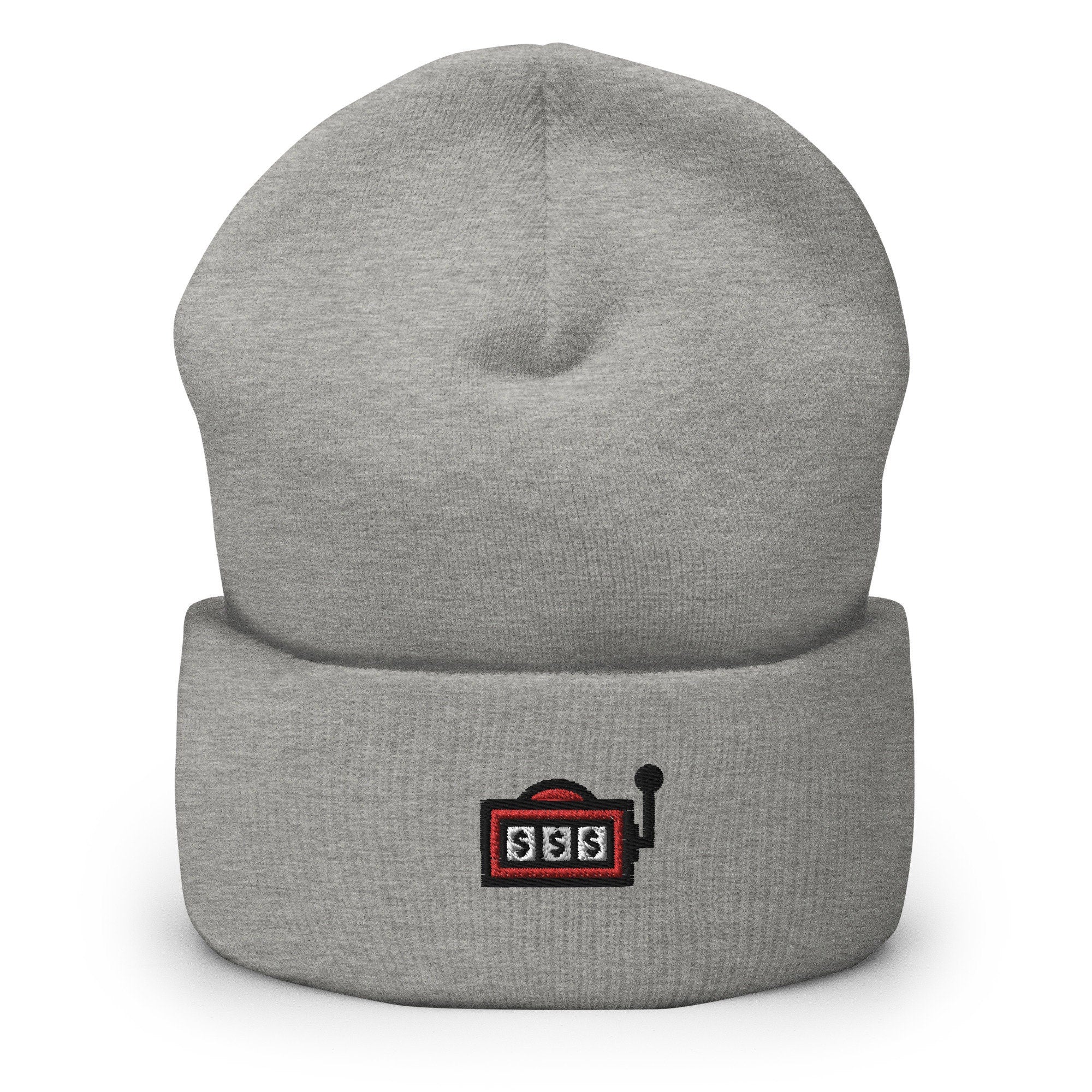 Gambling Casino Jackpot Slot Machine Embroidered Beanie, Handmade Cuffed Knit Unisex Slouchy Adult Winter Hat Cap Gift